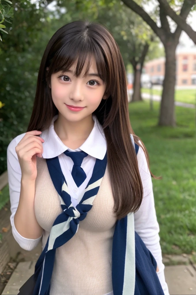 absurdres, (masterpiece, best quality), (ultra-detailed), extremely detailed,super high resolution, (Top Quality photorealistic Illustration), (Super Definition), (best quality,masterpiece:1.0),(cute illustration:1.3), (high Saturation:1.2), highres, ultra-detailed, 32k,8k resolution, intricate details, cinematic scene, detailed background, Soar (High chroma),(Sparkling),bathroom, BREAK (1 girl) (round face:1.6), (kawaii:1.6), (cute:1.6), Beautiful and delicate eyes, Delicate and beautiful face, Facial accents, Perfect figure,(open shirt:1.6), (show off nipples:1.6), (exposing bare breasts:1.3), (exposed chest:1.3), (no bra:1.3),(flat chest:1.6), (small nipples:1.2), (small areolas:1.2),Uniforms、bright expression、poneyTail、Young shiny shiny white shiny skin、Best Looks、Natural black hair with dazzling highlights、shiny light hair,、Super long silky straight hair、Beautiful bangs that shine、Double eyelids、eye liner、Glowing crystal clear attractive big brown eyes、Very beautiful nice cute 14 year old Nordic girl、 White short slave school shirt, Tartan checked skirt, Glossy reddish-brown short hair, Black eyes, hourglass body, portrait of a full body, clavicle, out door, natural light, natural makeup, happy smile