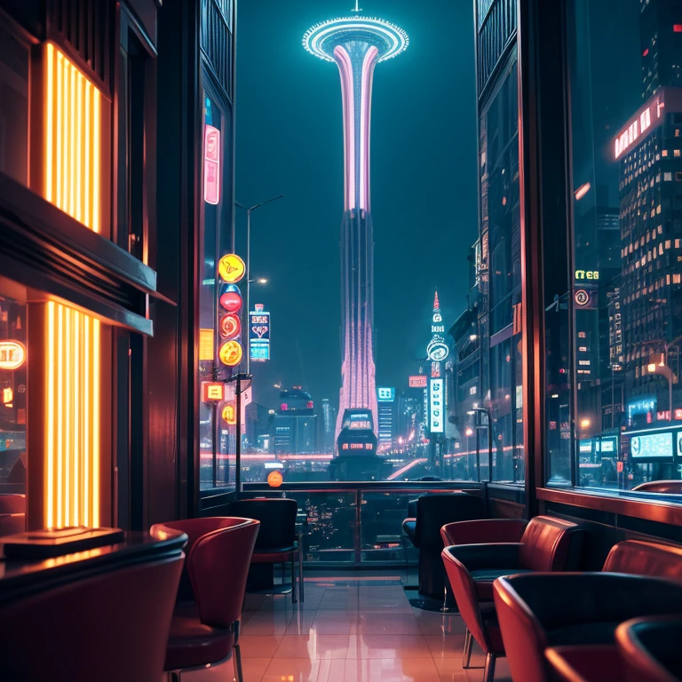 4k image from a 1960s science fiction film by Wes Anderson, Filme O Grande Hotel Budapeste, pastels colors, a retro window design, seen from inside a room from the inside out, an big city neon colors through a window at night, big city retro futuristic neon at night, blade runner style, Retro-futuristic , Luz Natural, futurista estranho, photo-realistic, Sharp background details, photography blur effect, depth of field, city blurred