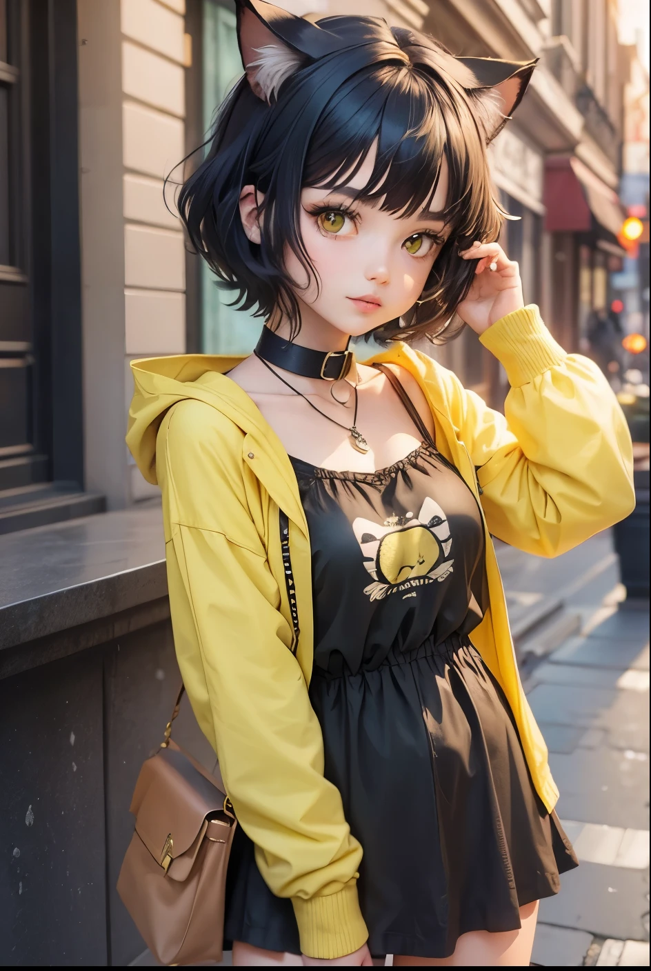 cute girl, Short dark green hair, beautiful yellow eyes, cat ears, cat collar, cat tail, cat