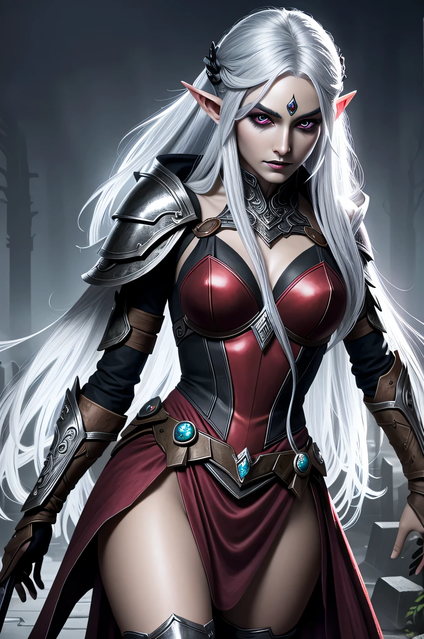 drow elf with long silver hair and wild eyes, like Harley Quinn, very extremely beautiful, dressed in black and red druid armor, ダークファンタジー, Fantasy lighting, gloomy background, necromancy, graveyard, beautiody, beatiful face, Right Traits, ultra detail, Dynamic plot. beautiody. highly detailed art, Стиль Dungeons and Dragons, ダークファンタジー, terror