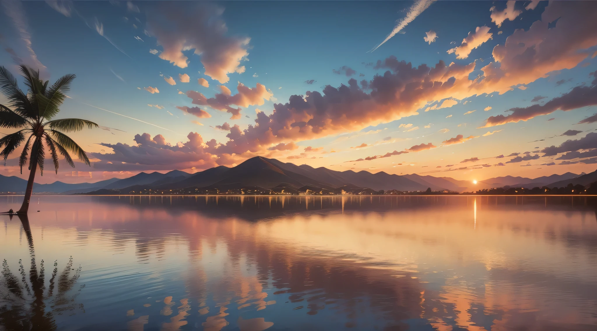 Palm tree in a reflective lake, sunset, mountains, ultra realistic, clouds in sky orange by sun, cinematic painting