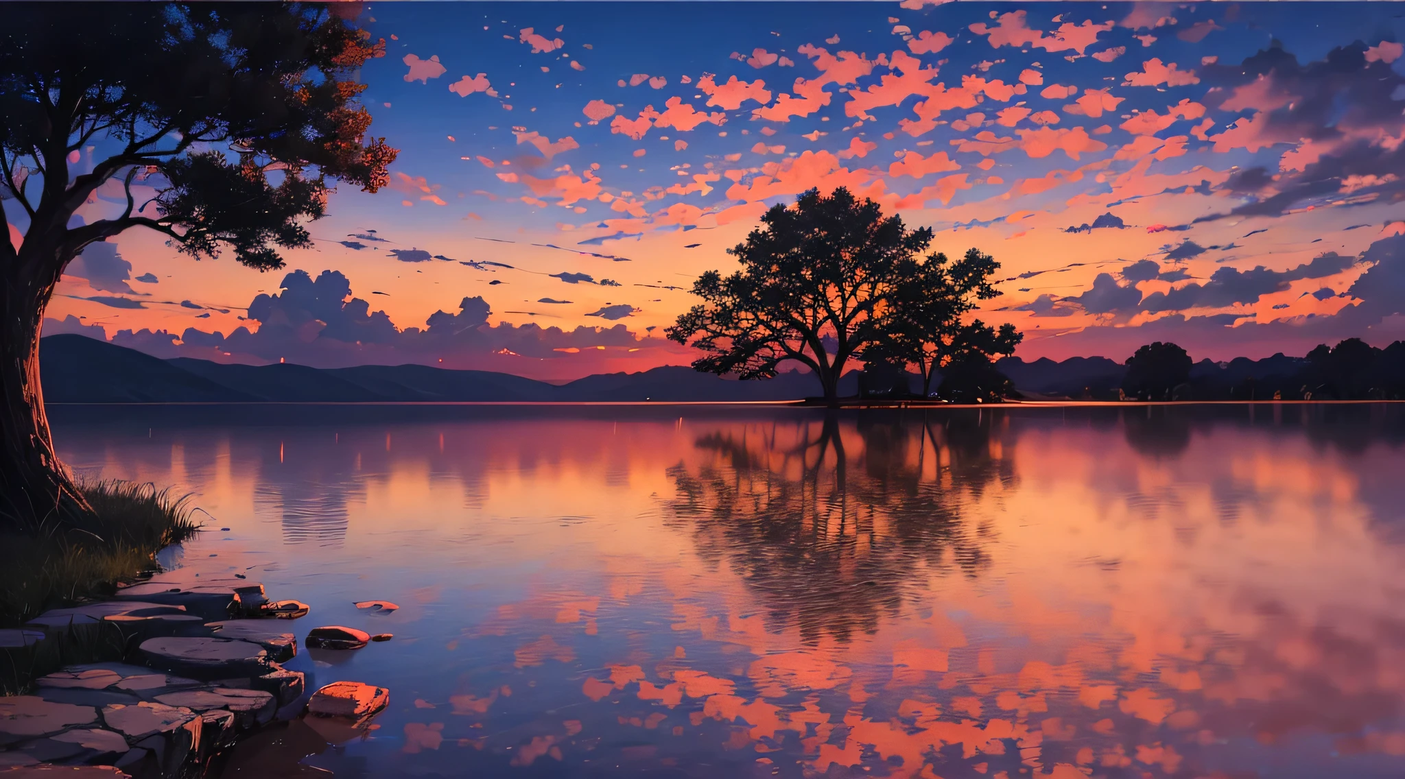 there is a beautiful sunset with a lake and trees in the background, colorful skies, surreal colors, colorful sunset, colorful sky, marvellous reflection of the sky, stunning sky, dream like atmosphere 8k, colorful clouds, colors reflecting on lake, surreal sky, red and blue reflections, fire reflection, beautiful sky, beautiful and spectacular dusk, beautiful dreamy landscape, amazing sky