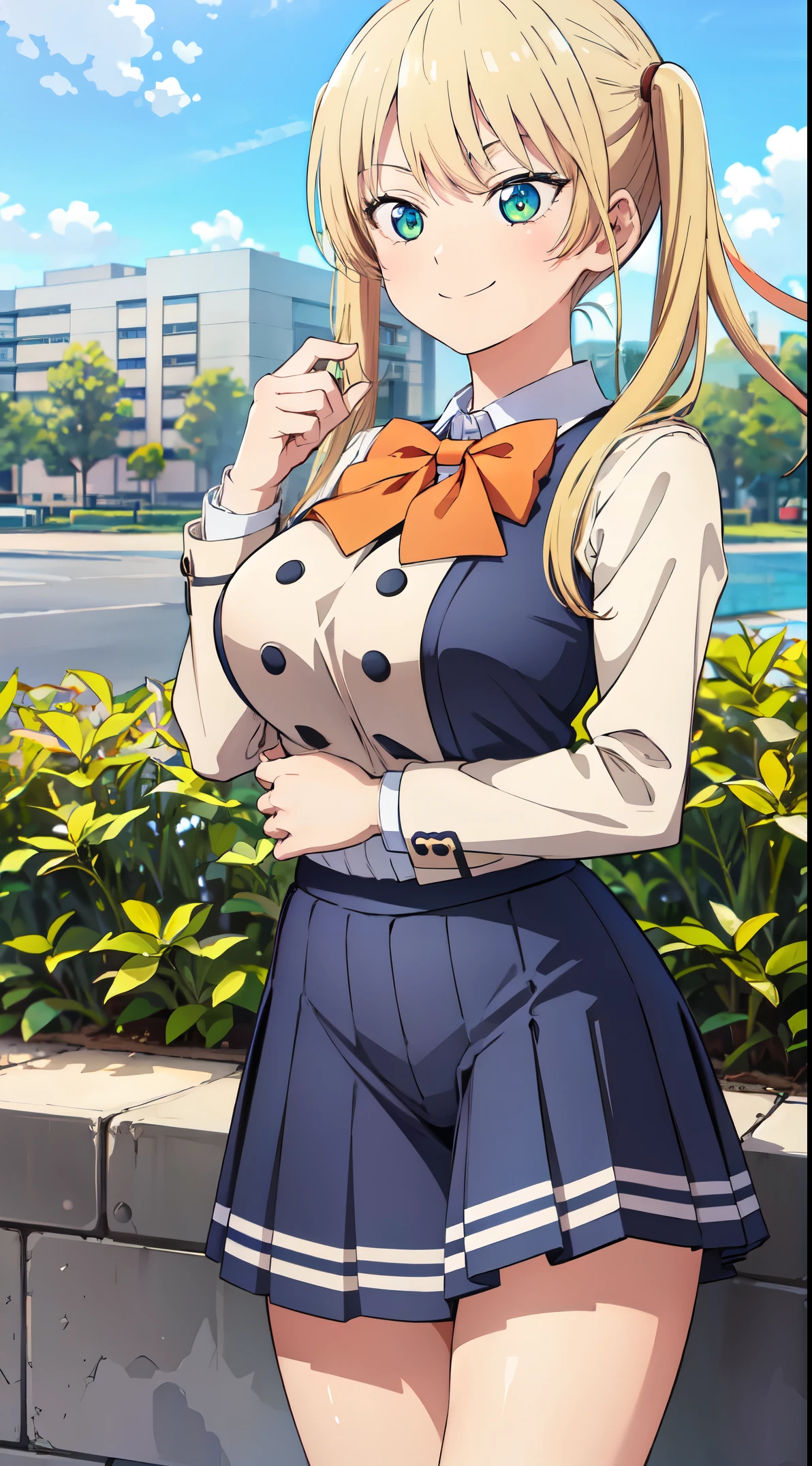 ((best quality, high quality, highres)), rika hoshizaki, (big boobs:1.2), school uniform, in the park, solo, 1girl, cowboy shot, smile, standing