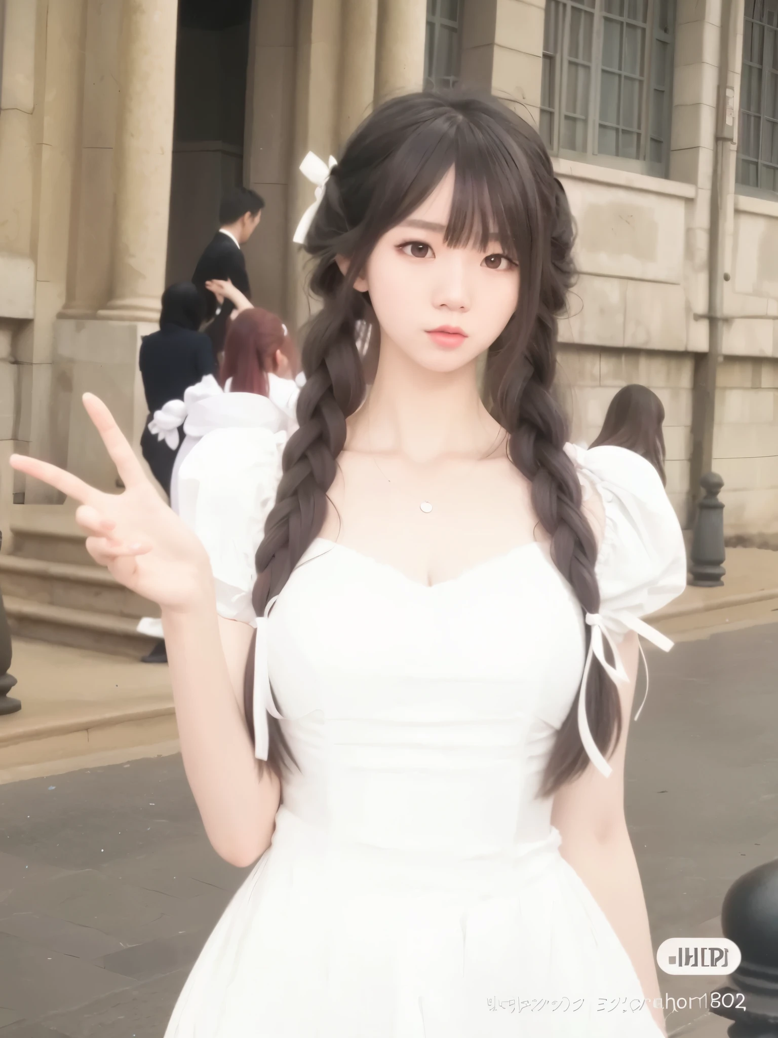 arafed woman in a white dress posing for a picture, ulzzang, white hime cut hairstyle, pigtails hairstyle, guweiz, pale snow white skin, smooth white tight clothes suit, lalisa manobal, sakimichan, anime girl in real life, long hair with full bangs, long hair with bangs, two pigtails hairstyle