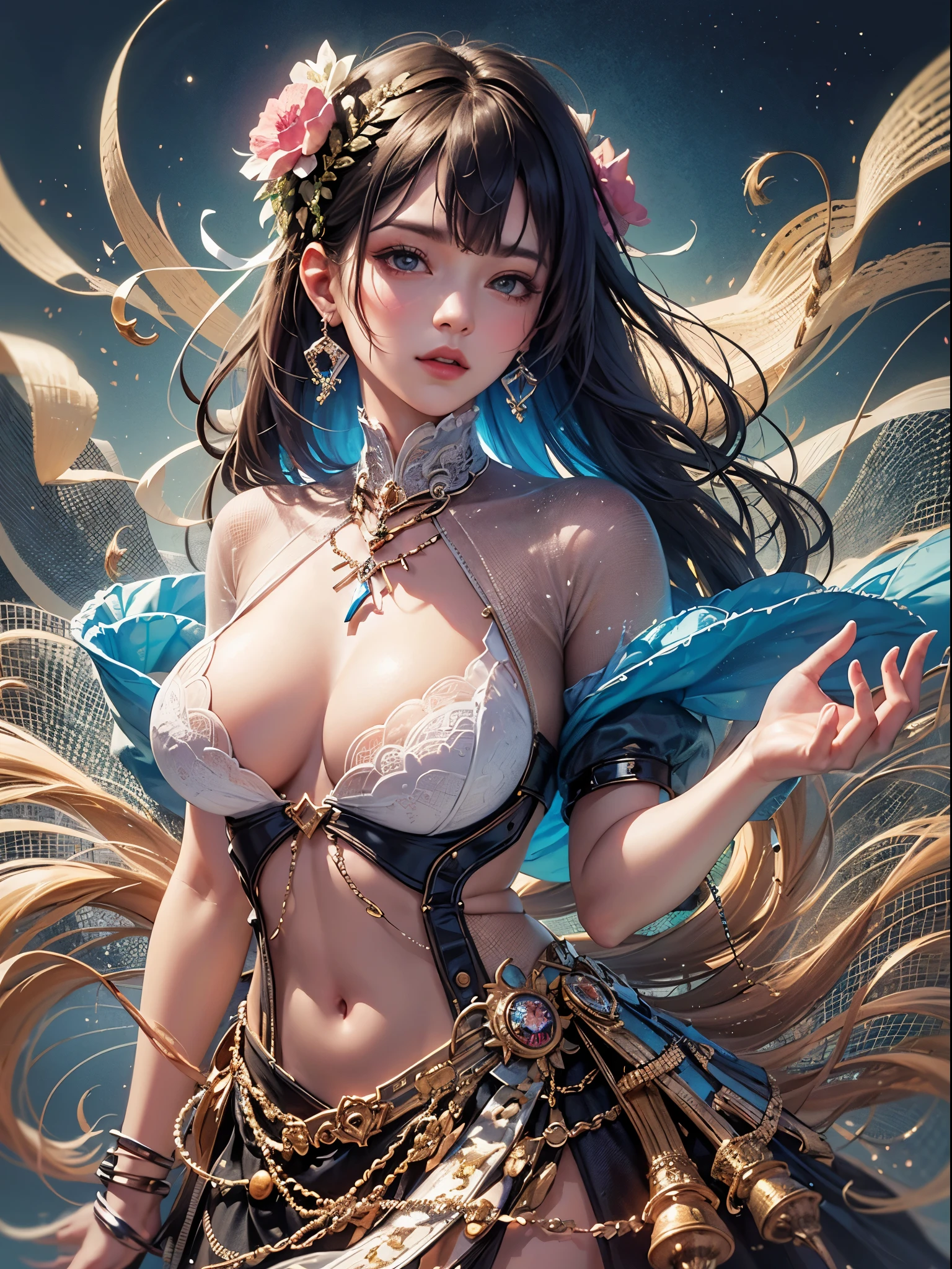 art, Unity 8k壁纸, Ultra-detailed, Beautiful and aesthetically pleasing, (s fractal art: 1.3),  flower, girls, (Hairstyles: Long hair) Ocean, Extremely detailed, Cowboy shot, The most beautiful, Seafoam, Buble, cute big breasts, ultra quality, random background, random dress, --auto --s2