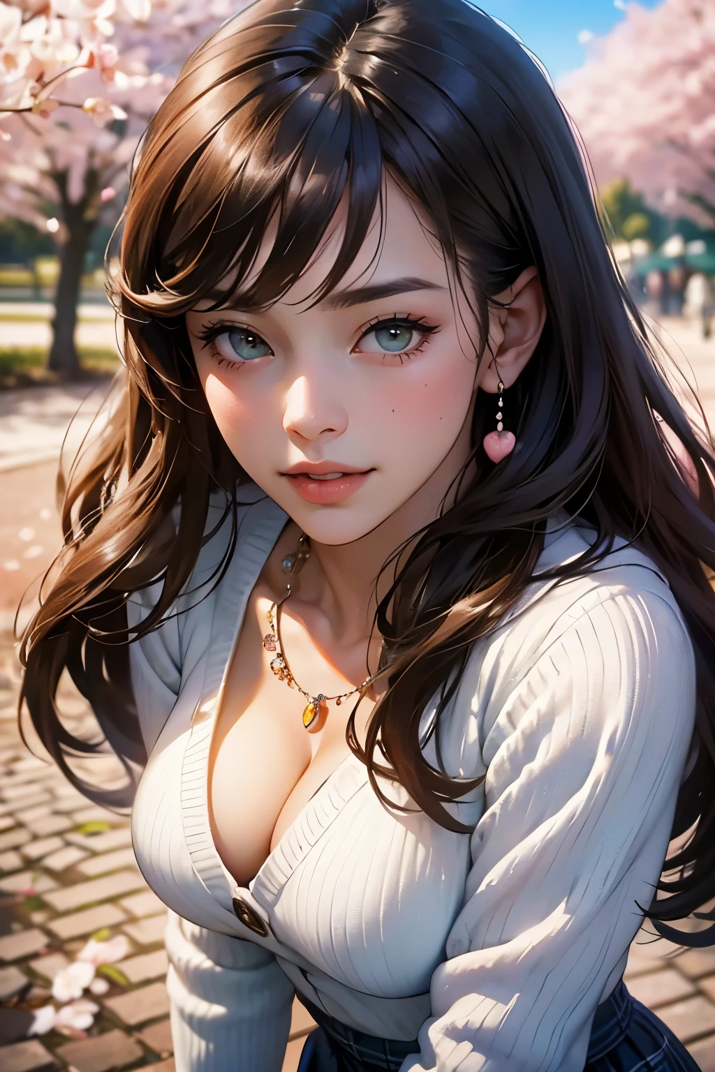 ((masutepiece, Best Quality, hight resolution, nffsw, Perfect Pixel, depth of fields, 4K, nffsw, nffsw))), 1girl in, Single, Solo, Beautiful anime girl, Beautiful Art Style, Anime Character, ((Long hair, Bangs, Brown hair)), ((Green eyes:1.4, rounded eyes, Beautiful eyelashes, Realistic eyes)), ((Detailed face, Blushing:1.2)), ((Smooth texture:0.75, Realistic texture:0.65, Photorealistic:1.1, Anime CG style)), ((medium breasts, cleavage, busty)), Dynamic Angle, Perfect body, ((POV, Selfie Pose, Portrait)), ((White sweater, Long sleeve, Black skirt, plaid skirts, Fashionable, 1 handbag, 1 diamond necklace)), Smile, Open mouth, amusement park, ((The cherry tree, Cherry blossoms fall))