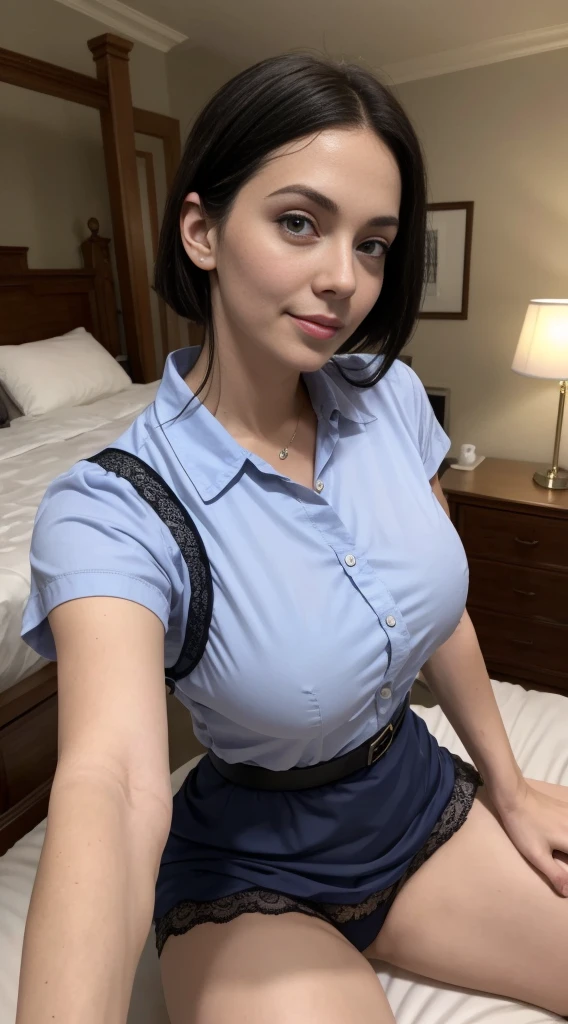 high quality fingers, Normal hands, detailed fingers,Masterpiece, (realisitic, Realistis:1.37), 40-year-old woman), Big breasts, small waists, black hair glamor, Blue Eyes, beautifull face, Perfect Illumination, Beautiful detailed eyes,looking up at viewer, stunningly beautiful woman, detailed hairstyle, detailed background, bedroom, bed, short skirt nurse uniform,Lace panties,(stocklings,garterbelt), (((lying on back))), top-down view, let your legs come out,Spread your legs apart,