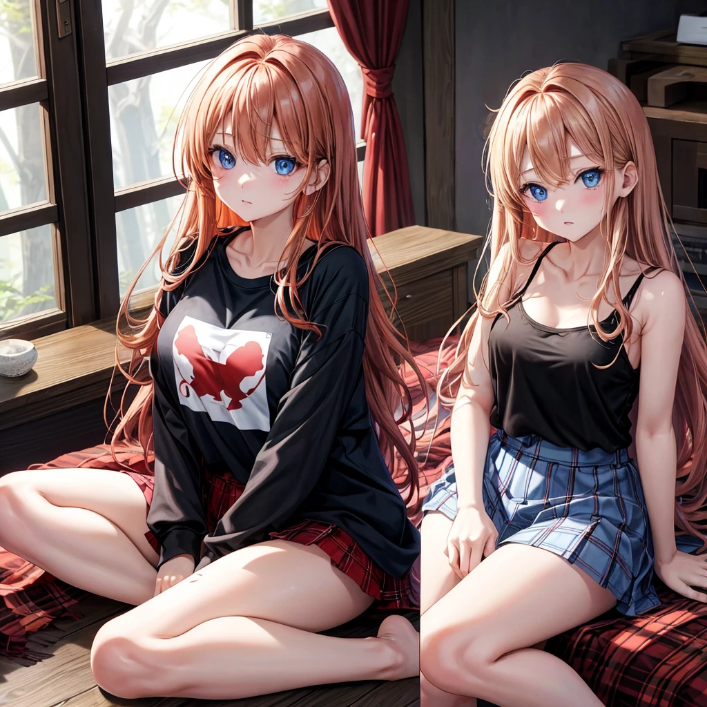 red blonde、blue eyess、one good looking girl、独奏、animesque、Plaid miniskirt、Black T-shirt、camisole、the woods、Sunlight、inside in room、sitting on、has a blanket over his head、bare-legged