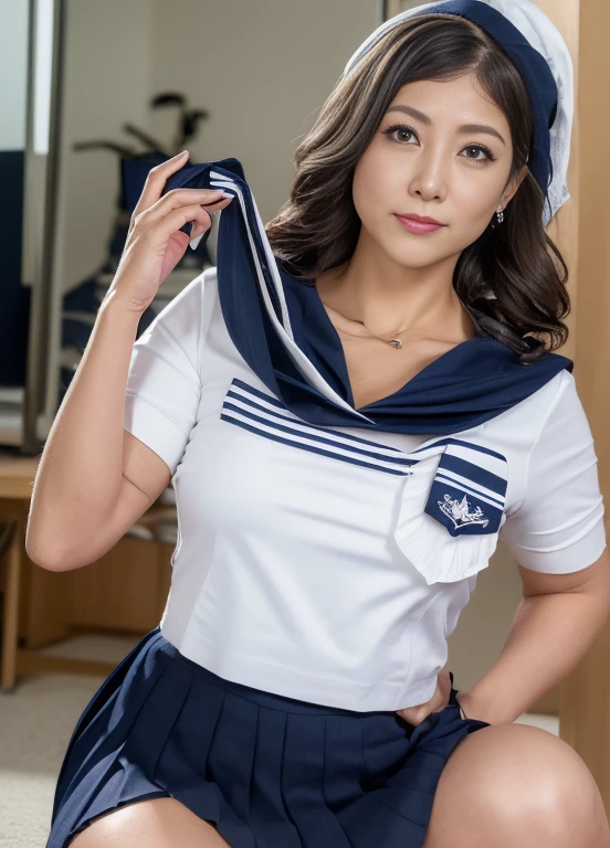 (Best Quality, hight resolution, Hires, Skin definition, Detailed skin, Detailed eyes, Detailed face, 4K, 日本人A MILF, (Solo), (((50 years old))), (Wrinkles at the corners of the eyes:1.5), (nasolabial folds:1.5), A MILF, glamor, A sexy, Chromo-white skin, (((Wavy Longhair))), Looking at Viewer,(((my skin is old))), ((muscles are old)), ((Japanese Models)), 4K, 8K, (photoRealistic:1.5), Realistic, nffsw, Beautiful, (((makeup:1.0))), small diamond necklace, piercings, {(((white and navy sailor))), (((uniform))), (((a sailor suit))), (((neckerchief))), Navel is visible, (((Dark blue pleated skirt))),(micromini skirt)}, lowfers, thick thighs, big butts, wide hips, Curve, ‎Classroom, Spread legs, Squatting, Full body photo