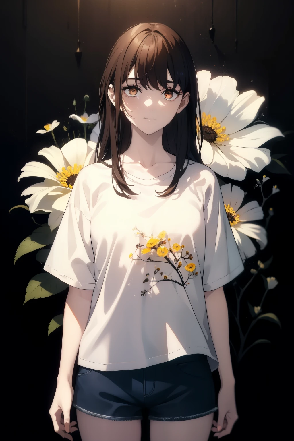 ((((Obra maestra, La mejor calidad, ultrahigh resolution)))), 1girl, standing, (baggy white t-shirt, loose fitting blue shorts), long back hair, long dark black hair, pale skin, ((shining brown eyes)), ((ultra detailed eyes:1, beautiful and detailed face, detailed eyes:0.5)), empty eyes, smile, ((surrounded by darkness, LSD flowers, beautiful lighting))