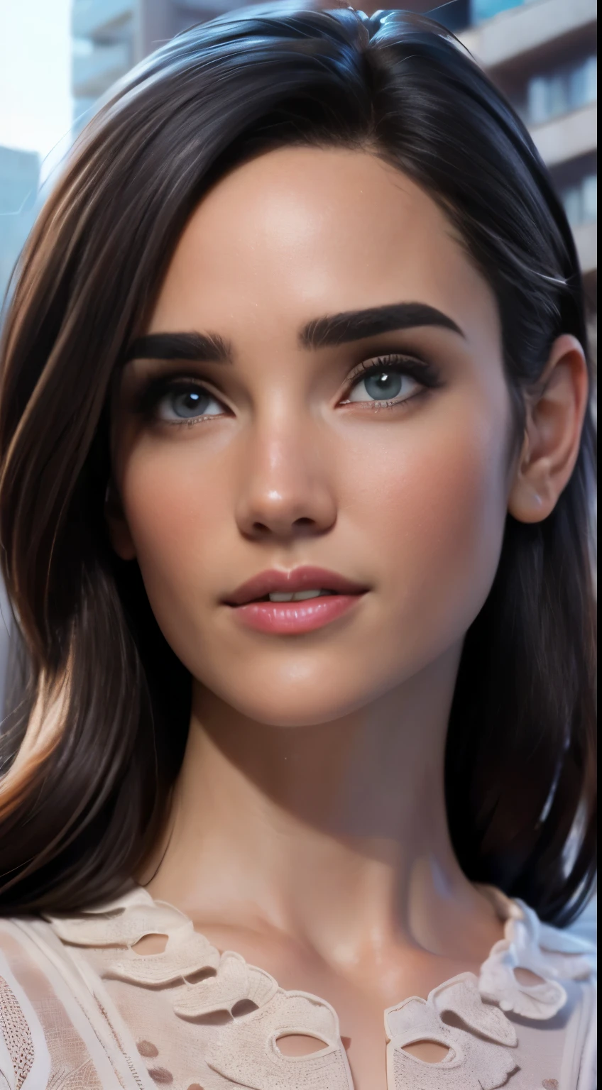 photo of Jennifer Connelly, RAW, beautiful woman, ((portrait)), ((detailed face:1.2)), ((detailed facial feature, detailed skin, clear skin), (perfect proportioned body), (wearing a colorful dress) (high detailed city environment, apartment balcony), (realistic photo, best quality, detailed), (8k wallpaper), (cinematic lighting, dramatic lighting) (sharp focus, intricate)