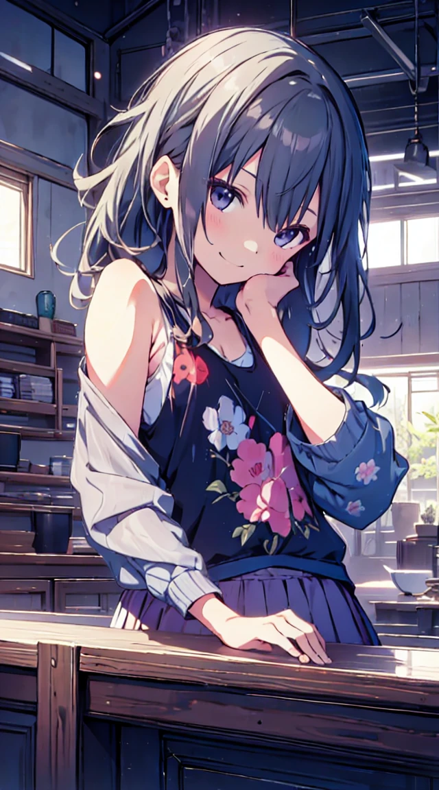 masutepiece, Best Quality,Illustration, Wallpaper, ultra -detail, 1little girl、♡、Futomo、Poses in motion、A mischievous smile、Tank Tops、a short skirt、Hold your head