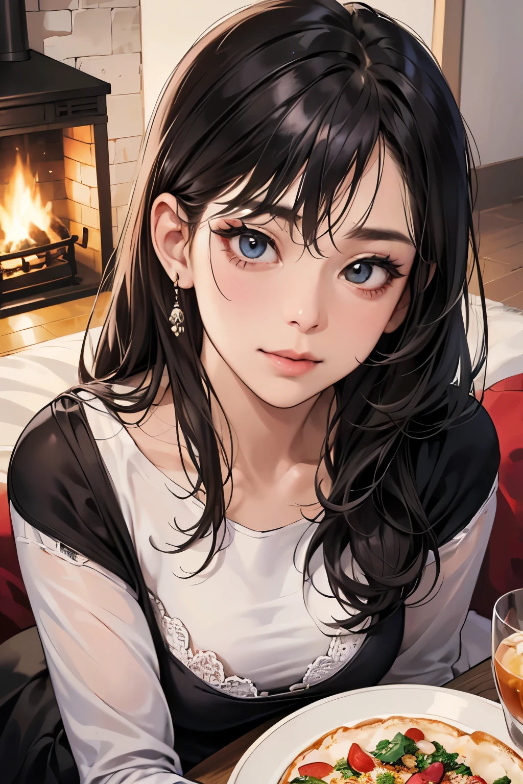 (masutepiece, Digital Art, Digital Illustration, 4K, 8K, Ultra-detailed, beautiful image, Sharp Image, Photorealistic, Raw photo, Perfect face, Perfect lines, Perfect eyes, Soft lighting) ,1 woman, (Black hair,straight haired,Bullish gaze,Beautie,ellegance,Solid makeup,23 y-o woman,small tits:1.3),スーツ姿のハンサムなember性2人, (ember,ember性はスーツ姿,well-muscled,Firm shoulder width, emberの,Boyish hairstyle,English gentlemanly style,クールな表情の30代ember性,明るい笑顔の28歳ember性:1.2),Show white teeth and smile(embarrassed from,Shy smile:1.1),(Nervous,be shy,sleepy,embarrassed from:1.1),in front of a warm fireplace、Christmas、Christmasケーキ、Birthday Celebration、the kiss、a couple、a couplethe kiss、Romance、the kiss、Santa Cosplay、