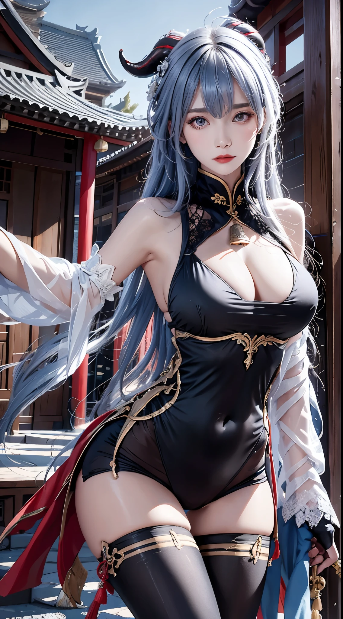 realistically, A high resolution,tmasterpiece,Best quality,ultra - detailed, 1 woman, butt lift, eBlue eyes, ahoge, architecture, through bangs, shoulder, bell, black mitts, black lace hose, (Blue hair), The face is red, , Chinese knot, Split sleeves, east asian architecture, flower knot, mitts, horn, Long gray hair, middling , neck bell, natta, Outdoor sports, lace hose, a purple eye, nipple tassels, White sleeves , iintricate