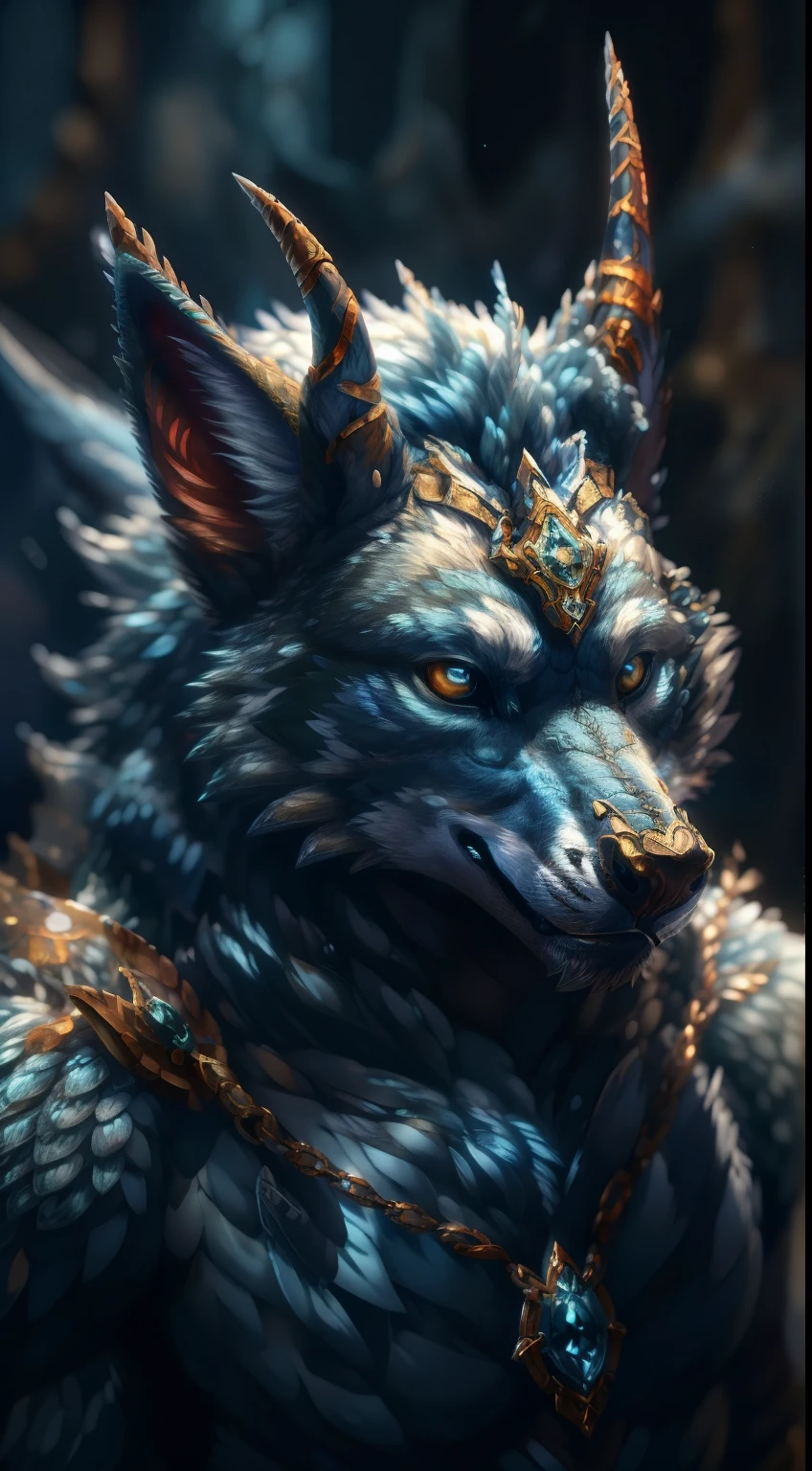 There is a painting of a wolf in blue and white, detailed creature, mythological creatures, highly detailed creature, Fantasy creature concept art, fantastical creature, From Pathfinder, a minotaur wolf, furry fantasy art, spirit fantasy concept art, anthro dragon art, very very beautiful furry art, anthropomorphic wolf, a mythical creature
