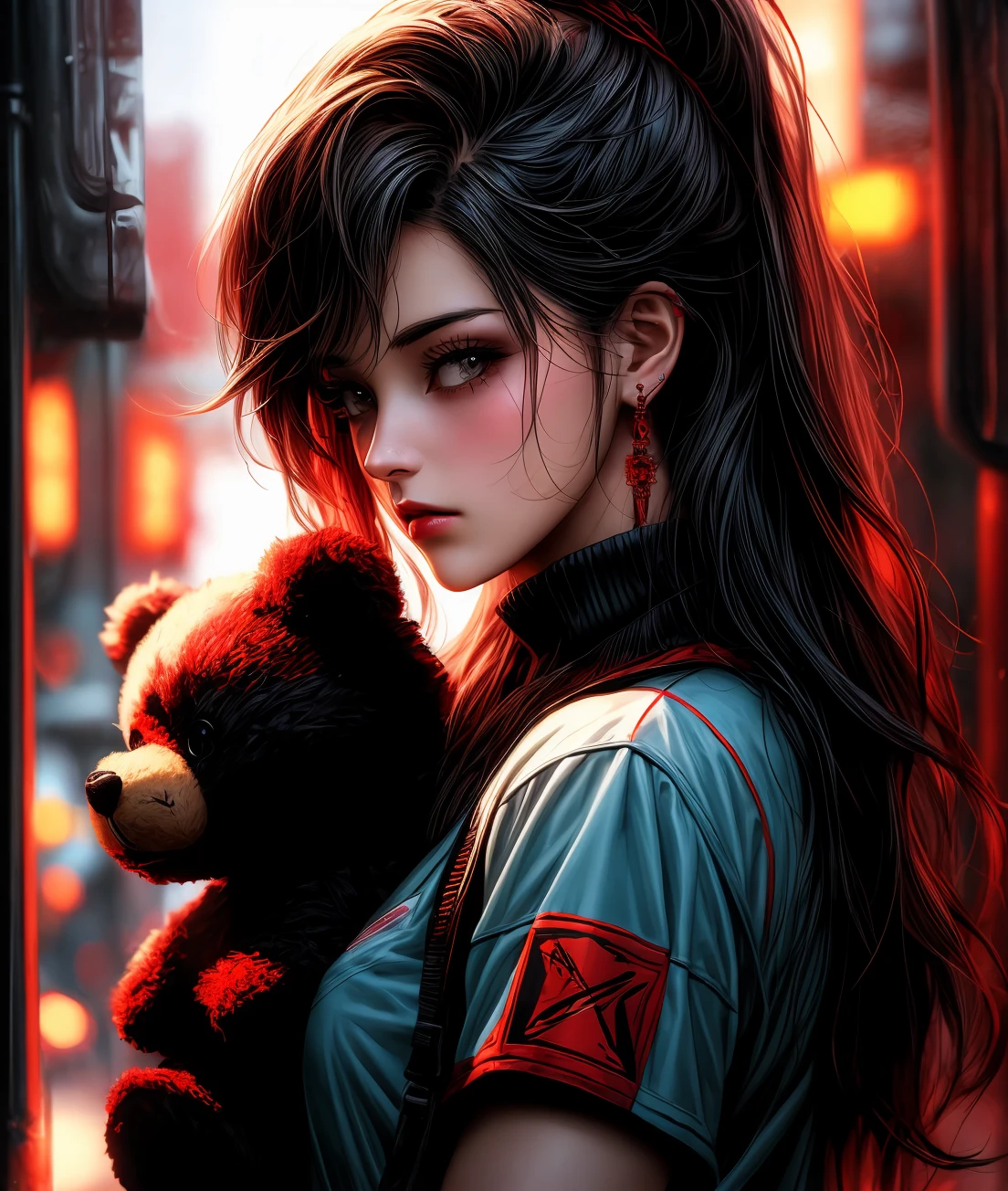 a close up of a person holding a teddy bear with a red light, artwork in the style of guweiz, dark art style, dark cyberpunk illustration, fantasy dark art, dark fantasy style art, alena aenami and artgerm, cyberpunk themed art, cyberpunk dark fantasy art, cyberpunk art style, in style of dark fantasy art, dark but detailed digital art