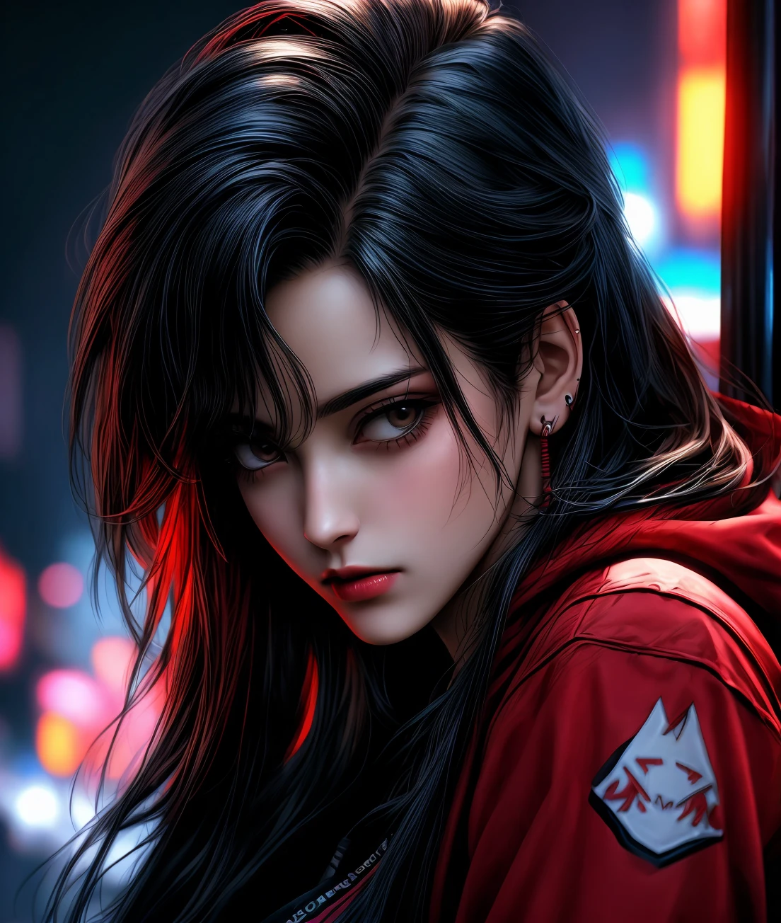 a close up of a person holding a teddy bear with a red light, artwork in the style of guweiz, dark art style, dark cyberpunk illustration, fantasy dark art, dark fantasy style art, alena aenami and artgerm, cyberpunk themed art, cyberpunk dark fantasy art, cyberpunk art style, in style of dark fantasy art, dark but detailed digital art