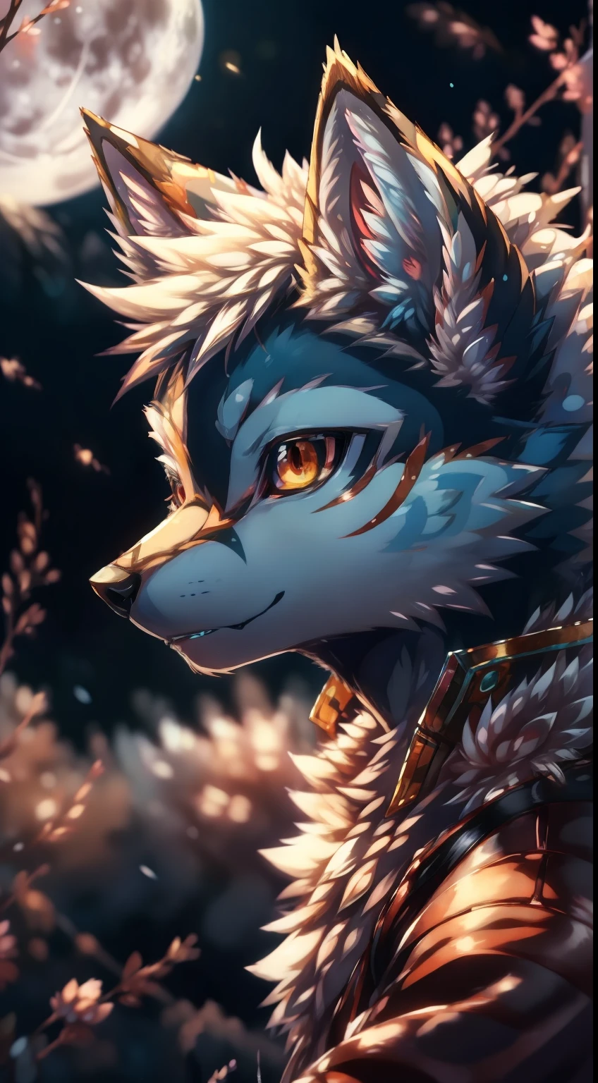 Anime wolf with full moon background, very very beautiful furry art, fursona art, white fox anime, Furry art!!!, ethereal fox, anthropomorphic wolf, high detailed official artwork, White-haired fox, eye-catching detailed art style, fantasy wolf portrait, detailed anime art, style of anime4 K, Anime art wallpaper 4k