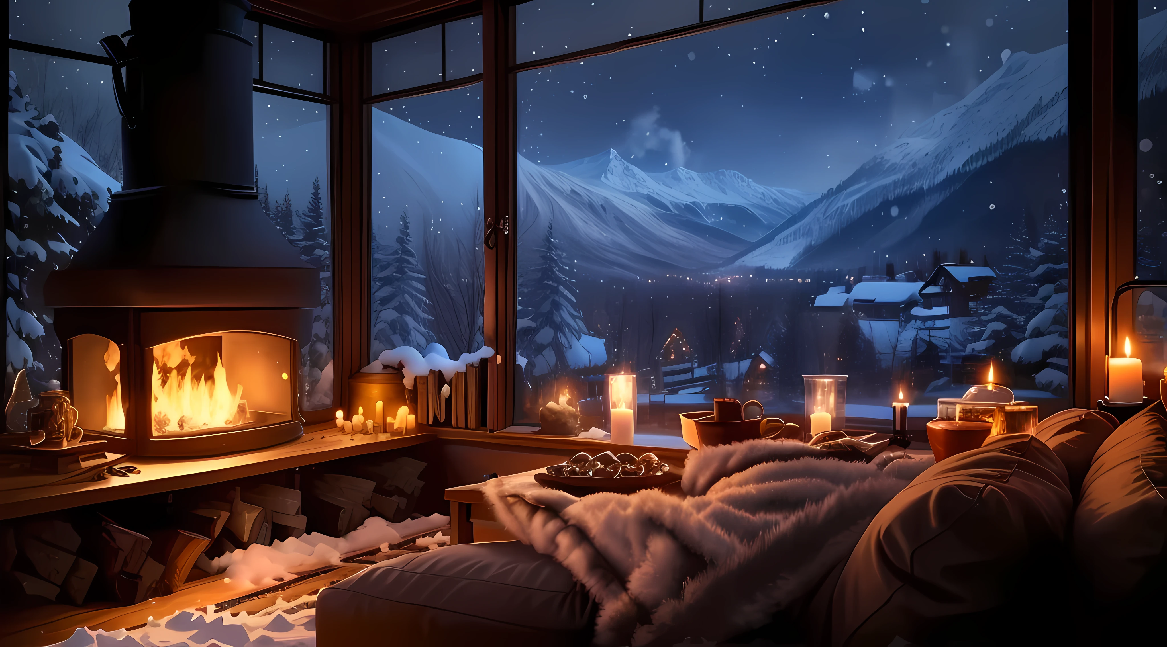 a living room filled with furniture and a fire place, cozy wallpaper, cozy place, cozy environment, cozy and peaceful atmosphere, cozy home background, cozy and calm, cozy atmospheric, cozy room, cozy atmosphere, cosy vibes, relaxing environment, cosy atmoshpere, comfy ambience, relaxing atmosphere, snowy night, cozy setting, cozy candlelight, heavy winter aesthetics