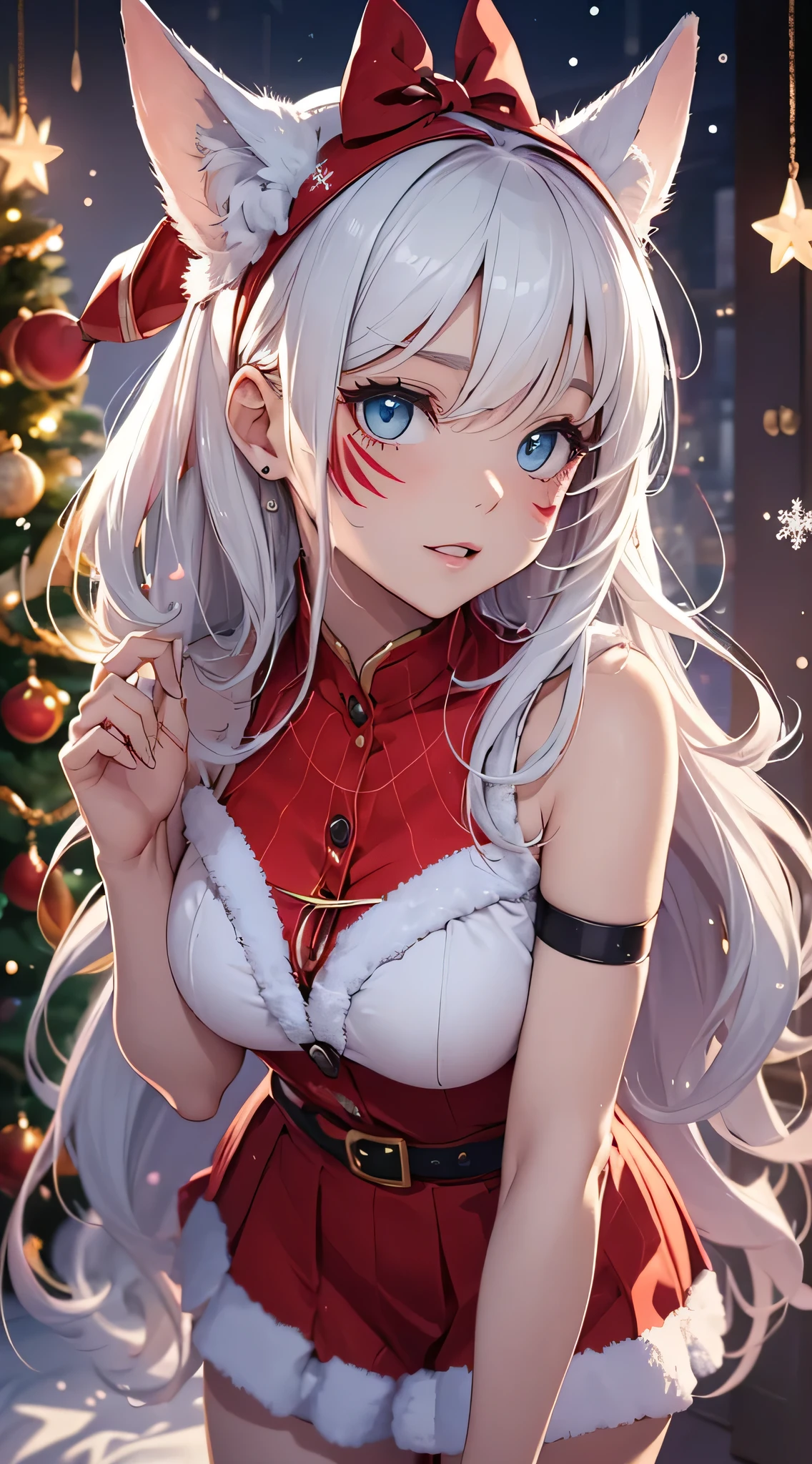 top-quality、Top image quality、masterpiece、teens girl((Cute Santa Costumes、santa style short skirt、santa style tank top、、 Ager、Best Bust、big bast,Beautiful wide open light blue eyerest, a blond、A slender,Large valleys、Reflecting the whole body、Laugh、dye one's cheeks red、Red Body Paint、Red Face Paint、be shy、wave her hand、Riding a horse to the viewer)),hiquality、Beautiful Art、Background with(( natta、snowflakes falling、Nice and clean room.、Christmas Party、Party Venue、Christmas Lights、Christmas tree、)))、masutepiece、depth of fields,Flying in the sky