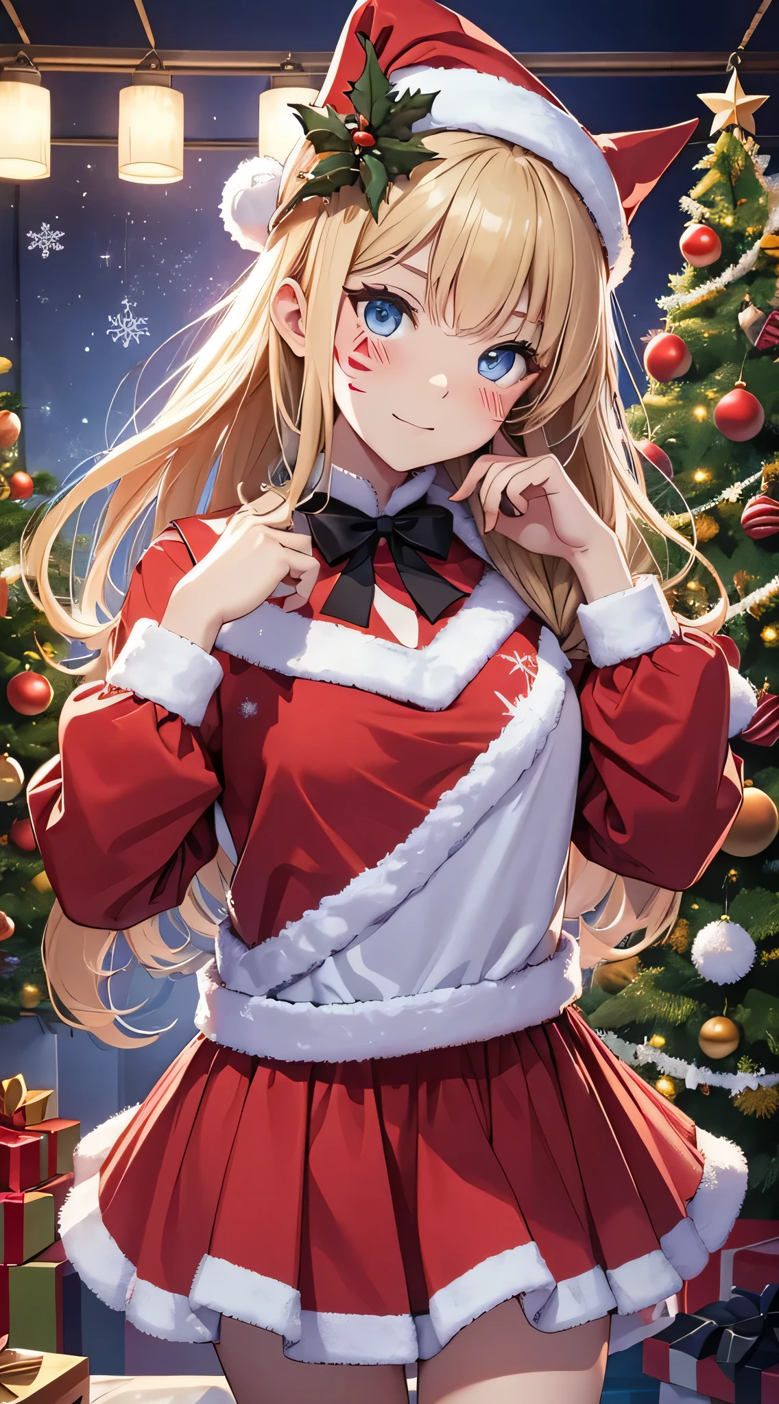 top-quality、Top image quality、​masterpiece、teens girl((Cute Santa Costumes、santa style short skirt、santa style tank top、sixteen years old、 Ager、Best Bust、big bast,Beautiful wide open light blue eyerest, a blond、A slender,Large valleys、Reflecting the whole body、Laugh、dye one's cheeks red、Red Body Paint、Red Face Paint、be shy、wave her hand、Riding a horse to the viewer)),hiquality、Beautiful Art、Background with(( natta、snowflakes falling、Nice and clean room.、Christmas Party、Party Venue、Christmas Lights、Christmas tree、)))、masutepiece、depth of fields,Flying in the sky