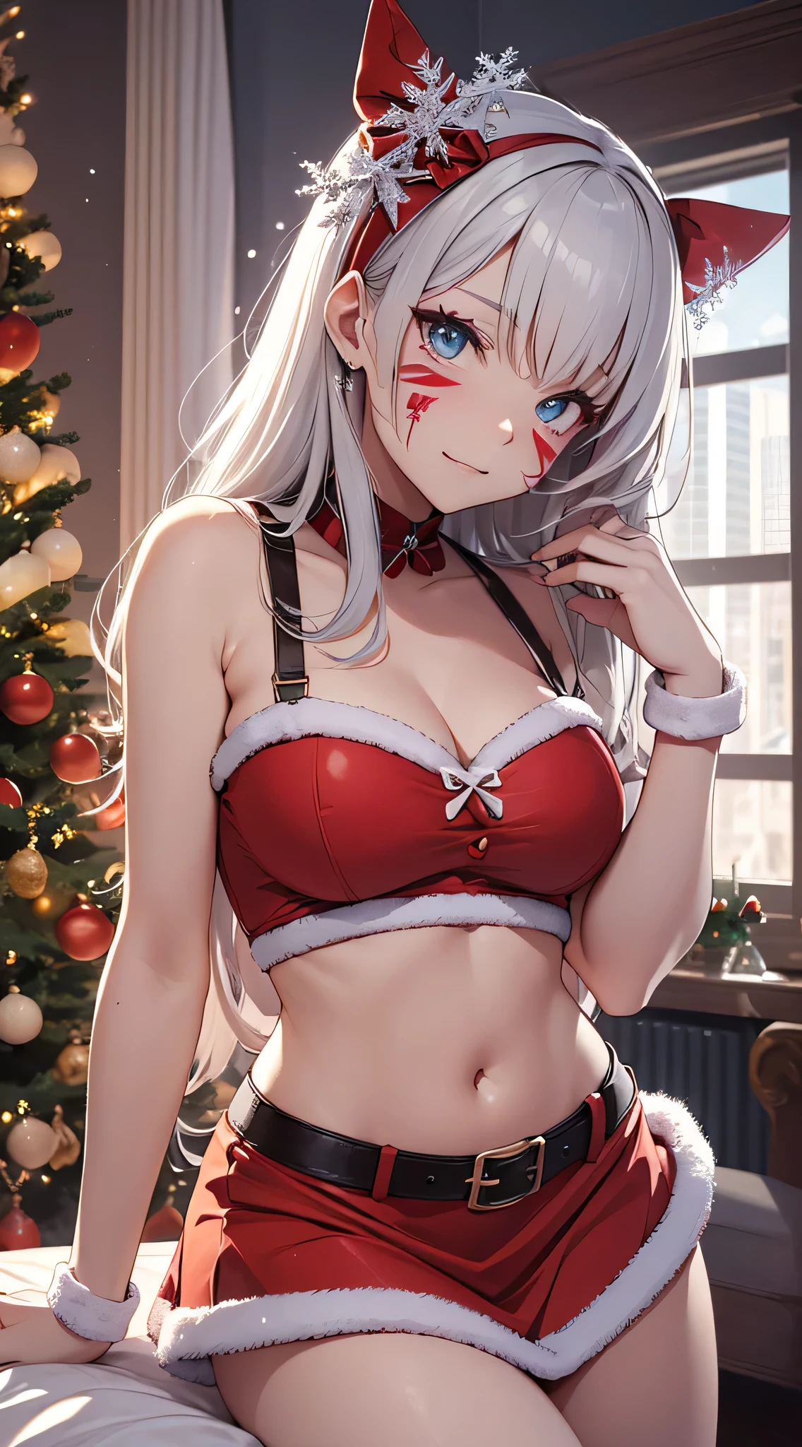 top-quality、Top image quality、masterpiece、teens girl((Cute Santa Costumes、santa style short skirt、santa style tank top、、 Ager、Best Bust、big bast,Beautiful wide open light blue eyerest, a blond、A slender,Large valleys、Reflecting the whole body、Laugh、dye one's cheeks red、Red Body Paint、Red Face Paint、be shy、wave her hand、Riding a horse to the viewer)),hiquality、Beautiful Art、Background with(( natta、snowflakes falling、Nice and clean room.、Christmas Party、Party Venue、Christmas Lights、Christmas tree、)))、masutepiece、depth of fields,Flying in the sky