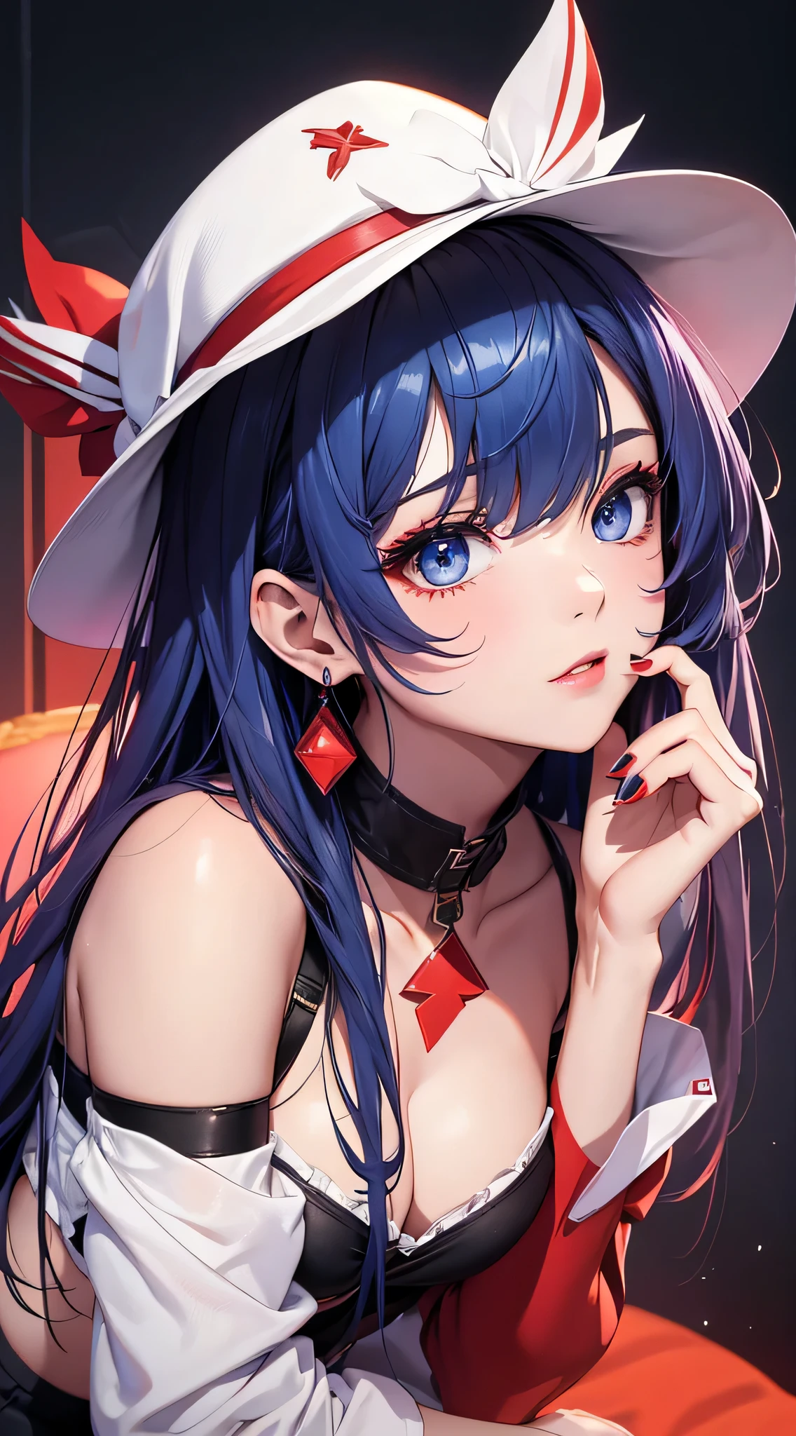 top-quality、Top image quality、masterpiece、age girl((White shirt、Long black trousers、18year old、 Ager、Best Bust、big bast,Black eyes, blue hairs、A slender,Large valleys、red lipstick makeup、Cute earrings、銀の腕時計、Bring your chest together、Sit up、Eyeshadow that colors your eyes with a captivating pose、all-fours、Red Body Paint、blue face paint、gal make、Cool hat)),hiquality、Beautiful Art、Background with((white walls、Photography Studio))masterpiece、depth of fields,Camera Film Style