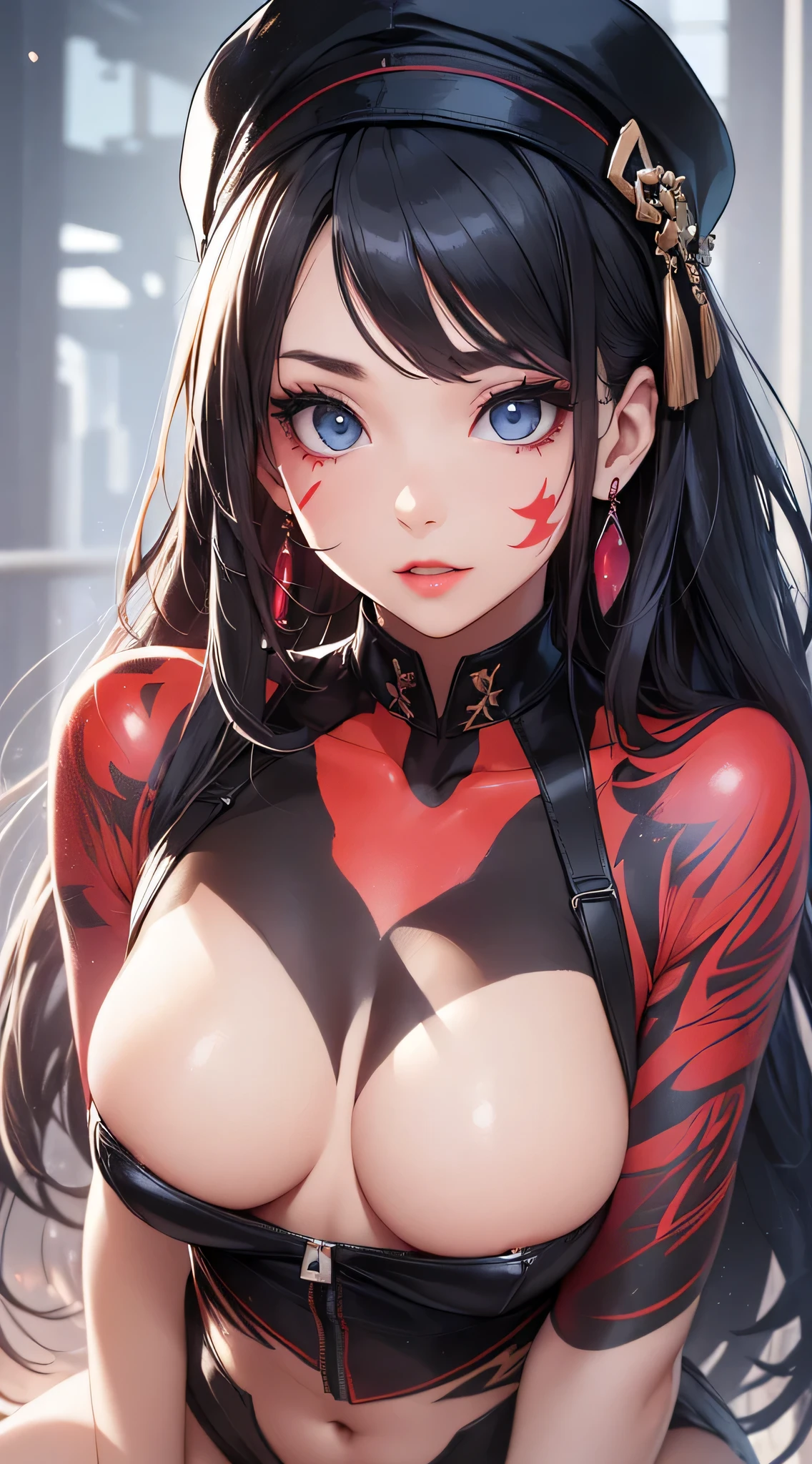 top-quality、Top image quality、masterpiece、 girl((White shirt、Long black trousers、18year old、 Ager、Best Bust、big bast,Black eyes, blue hairs、A slender,Large valleys、red lipstick makeup、Cute earrings、銀の腕時計、Bring your chest together、Sit up、Eyeshadow that colors your eyes with a captivating pose、all-fours、Red Body Paint、blue face paint、gal make、Cool hat)),hiquality、Beautiful Art、Background with((white walls、Photography Studio))masterpiece、depth of fields,Camera Film Style