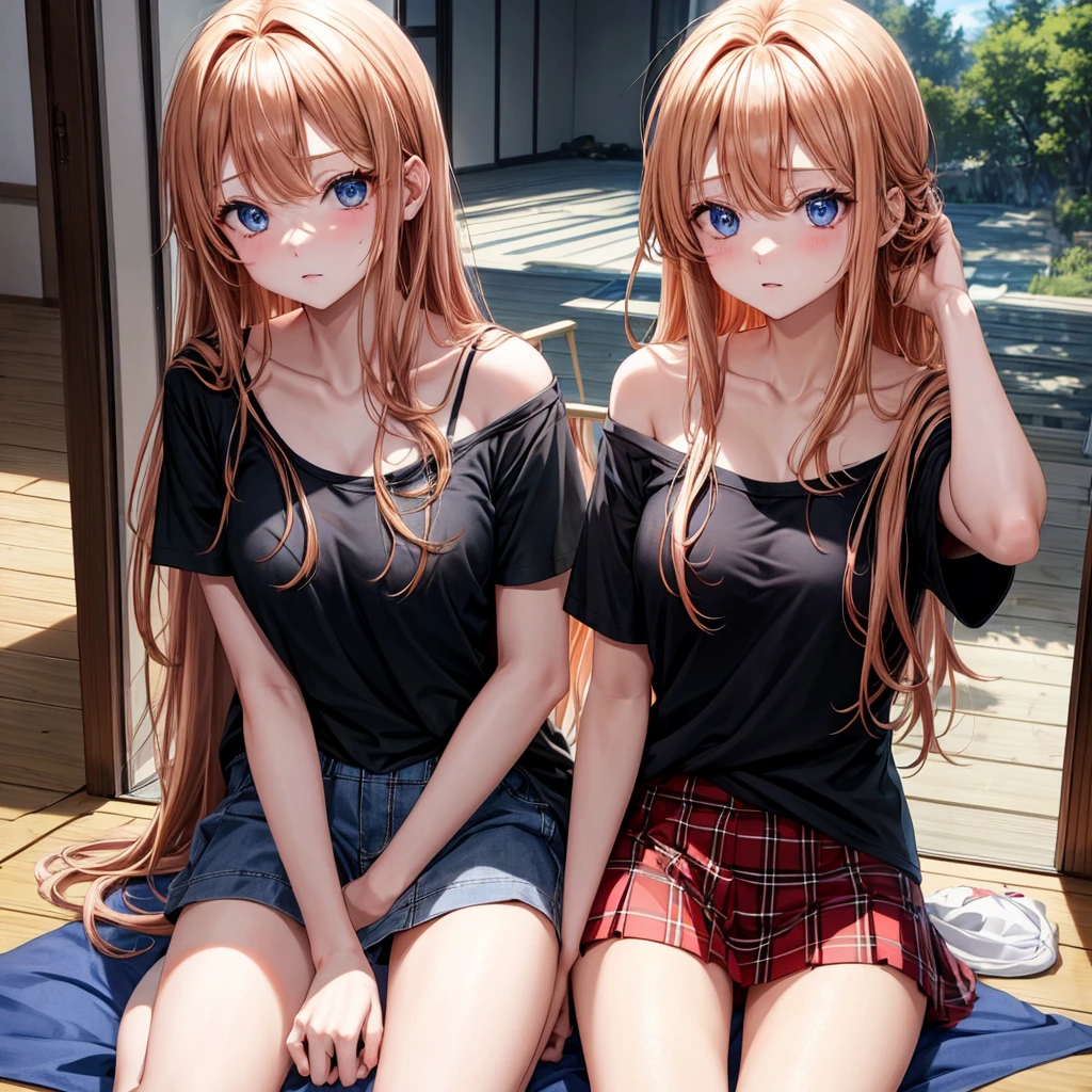 red blonde、blue eyess、one good looking girl、独奏、animesque、Plaid miniskirt、Black T-shirt、camisole、the woods、Sunlight、inside in room、sitting on、has a blanket over his head、bare-legged,