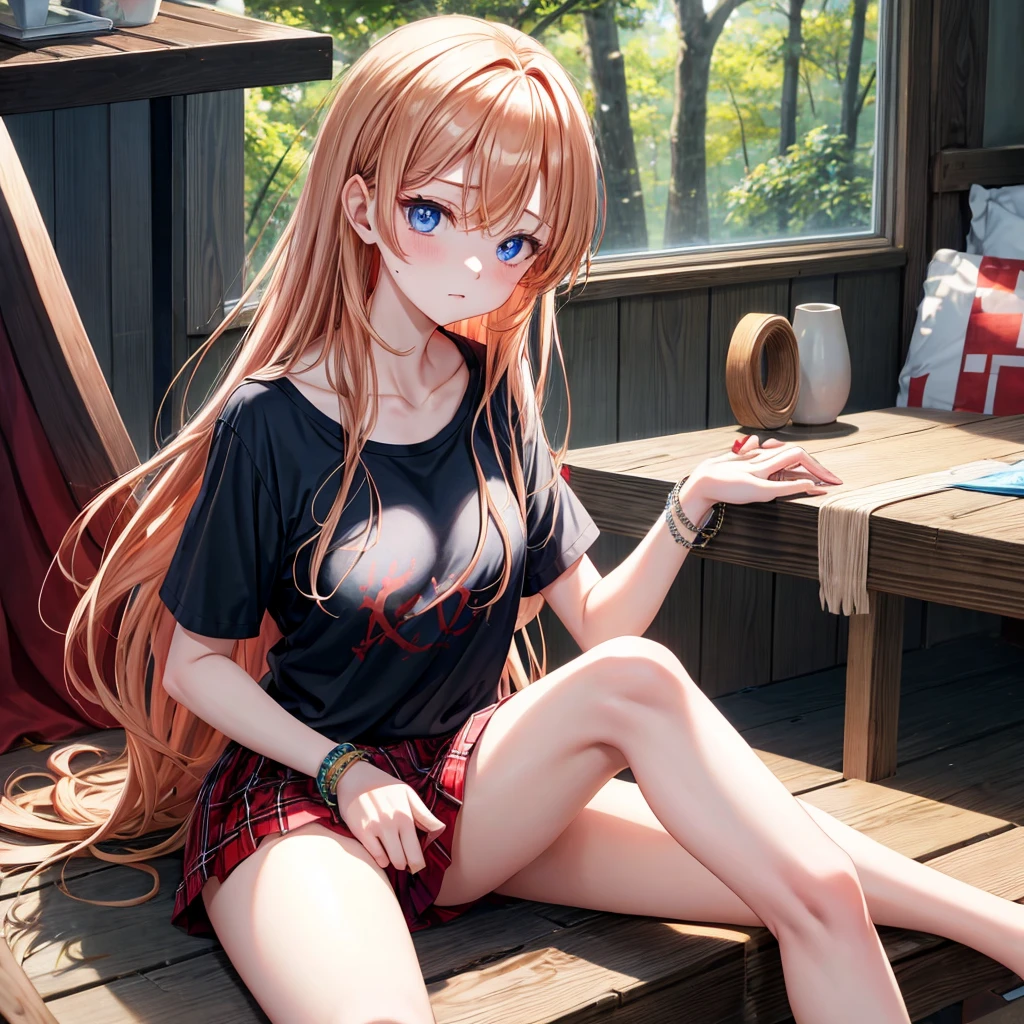 red blonde、blue eyess、one good looking girl、独奏、animesque、Plaid miniskirt、Black T-shirt、camisole、the woods、Sunlight、inside in room、sitting on、has a blanket over his head、bare-legged、A bracelet