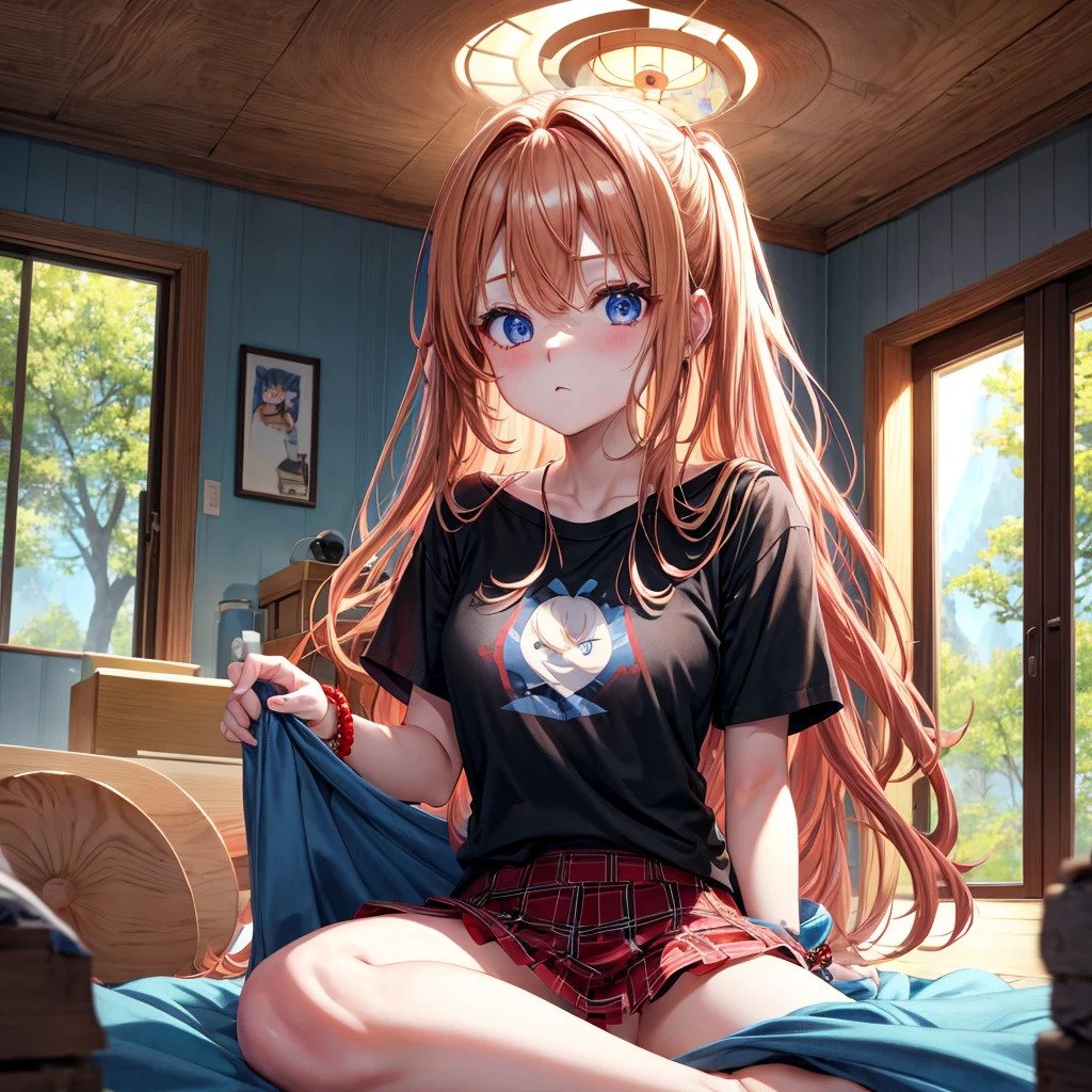 red blonde、blue eyess、one good looking girl、独奏、animesque、Plaid miniskirt、Black T-shirt、camisole、the woods、Sunlight、inside in room、sitting on、has a blanket over his head、bare-legged、A bracelet