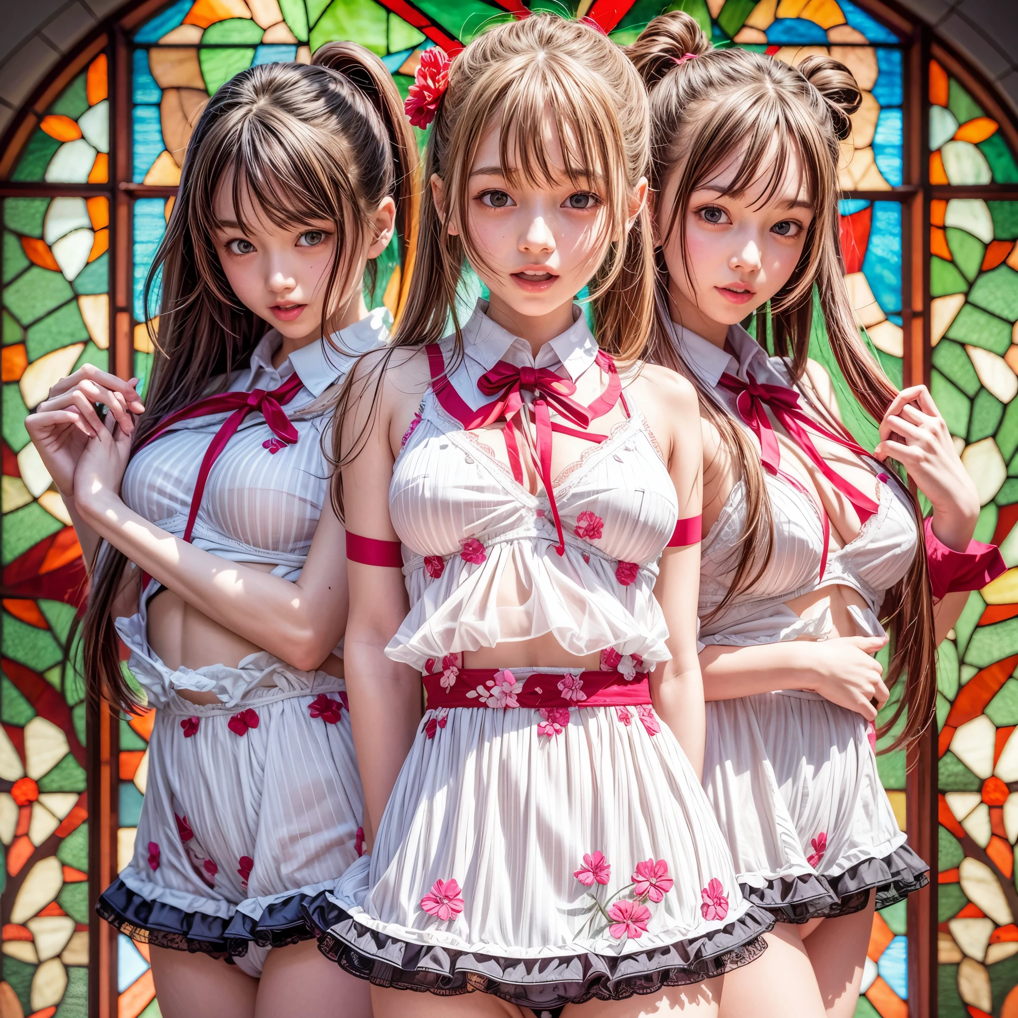 ( White and red, acutance:0.8), masutepiece, Realistic, (photoRealistic:1.37) Unripe々With a gentle touch. A group of KAWAII girls wearing open uniforms without bras . (Highly detailed KAWAII facial variations, Fun expression variations), { Navel | Pretty ass | Underboob overflowing | (White panties) There&#39;s blood only in my crotch | (Lots of flowers covering the girl&#39;s body) | (with delicate details、Dazzling colorful stained glass:1.2) } . (Exposed:1.2), ((Nipple:-0.9)), (Not the finger details:-0.9) .