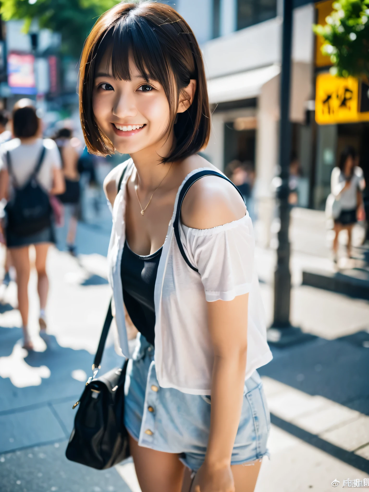 highest quality、masterpiece、超High resolution、Depth of written boundary、(Photorealistic:1.4)、(Award-winning photo、Incredible masterpiece:1.3) 、Raw photo、Golden Ratio、Highly detailed CG Unity 8k wallpaper、Detailed and complex、original、High resolution、Raw photo、(Perfect figure)、Detailed and complex、Digital SLR、Soft Lighting、(Blur background people:1.1)、Sigma 85mm F/1.4、50mm Lenac Lighting、Hmph、Ultra-realistic、Color Grade、Dynamic Pose、Portrait Break、 solo、short hair:1.4、With a girl、Super Beauty、(Like the whole body:1.2)、Japanese Bodybian、solo)、Thigh Gap、Laughter:1.4、University、Cute high school girl、shortcut、Detailed and realistic、Skin Texture、(Realistic Human Skin Texture)、Front View Viewer、Natural soft light、Daytime、in Street、Deep Shadow、cute、21 year old break、 Street、Store status、Akihabara、Shinjuku、There are no people、(Akihabara:1.2)