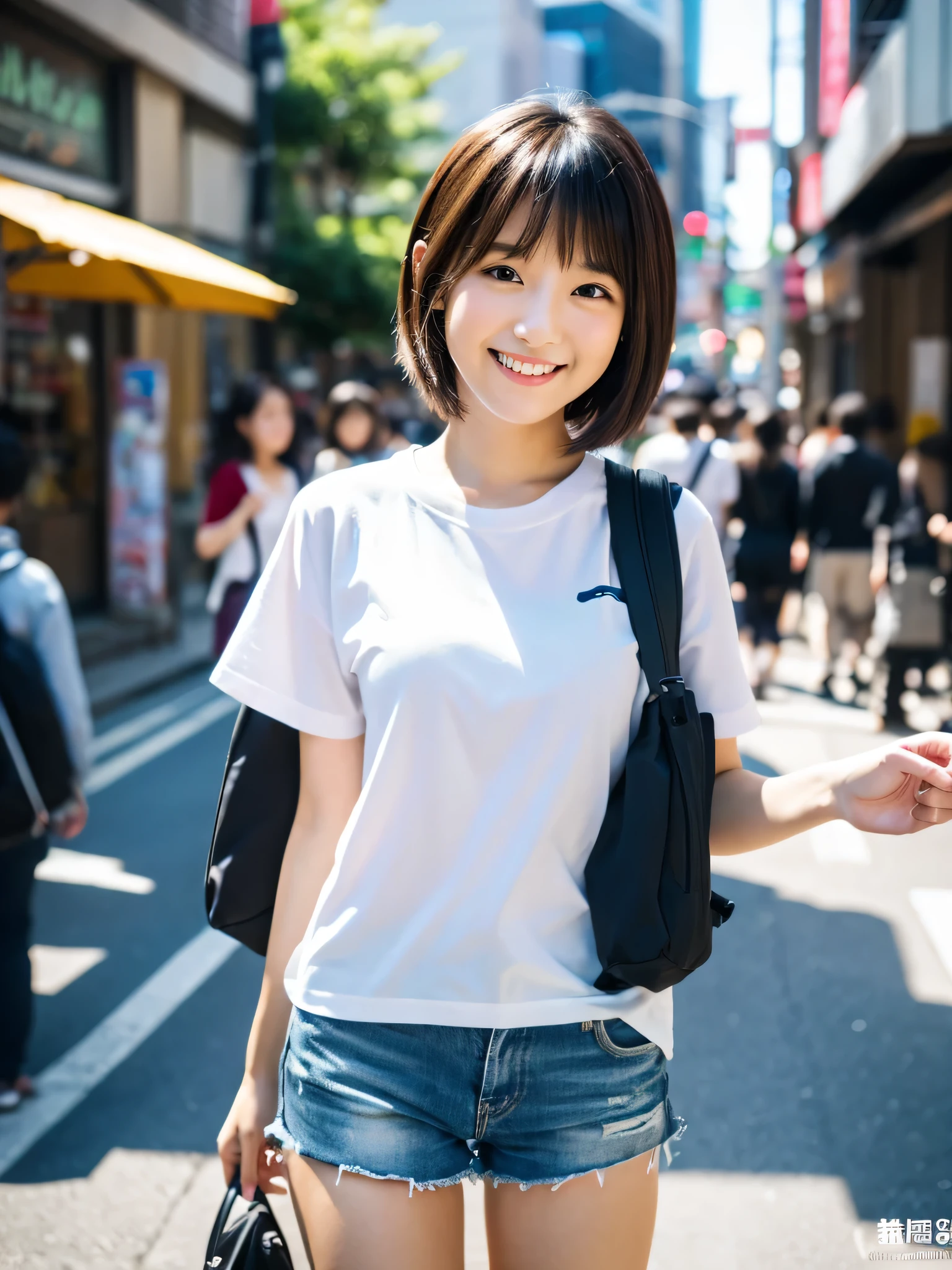 ultra best quality、masterpiece、超hight resolution、depth of fields、(Photorealsitic:1.4)、(awardwinning photo、信じられないほどのmasterpiece:1.3) 、Raw photography、the golden ratio、the Extremely Detailed CG Unity 8K Wallpapers、Detailed and complex、Original、hight resolution、Raw foto、(perfect body type)、Detailed and complex、Digital SLR、softlighting、(background person blur:1.1)、SIGMA 85 mm F/1.4、50mm Lenac lighting、nffsw、hyper realstic、Color Grade、dynamicposes、Portrait Break、 独奏、short-hair:1.4、girl with、Super beauty、(Full body like:1.2)、japanese bodybian、独奏)、thighs gap、A smile:1.4、University、cute little女子高生、short-cut、Detailed Realistic、Skin Texture、(realistic human skin texture)、Front view View viewer、natural soft light、Daytime、in a street、deep-shadows、cute little、21 years old BREAK、 a street、The state of the store、akihabara、Shinjuku、with no people、(akihabara:1.2)