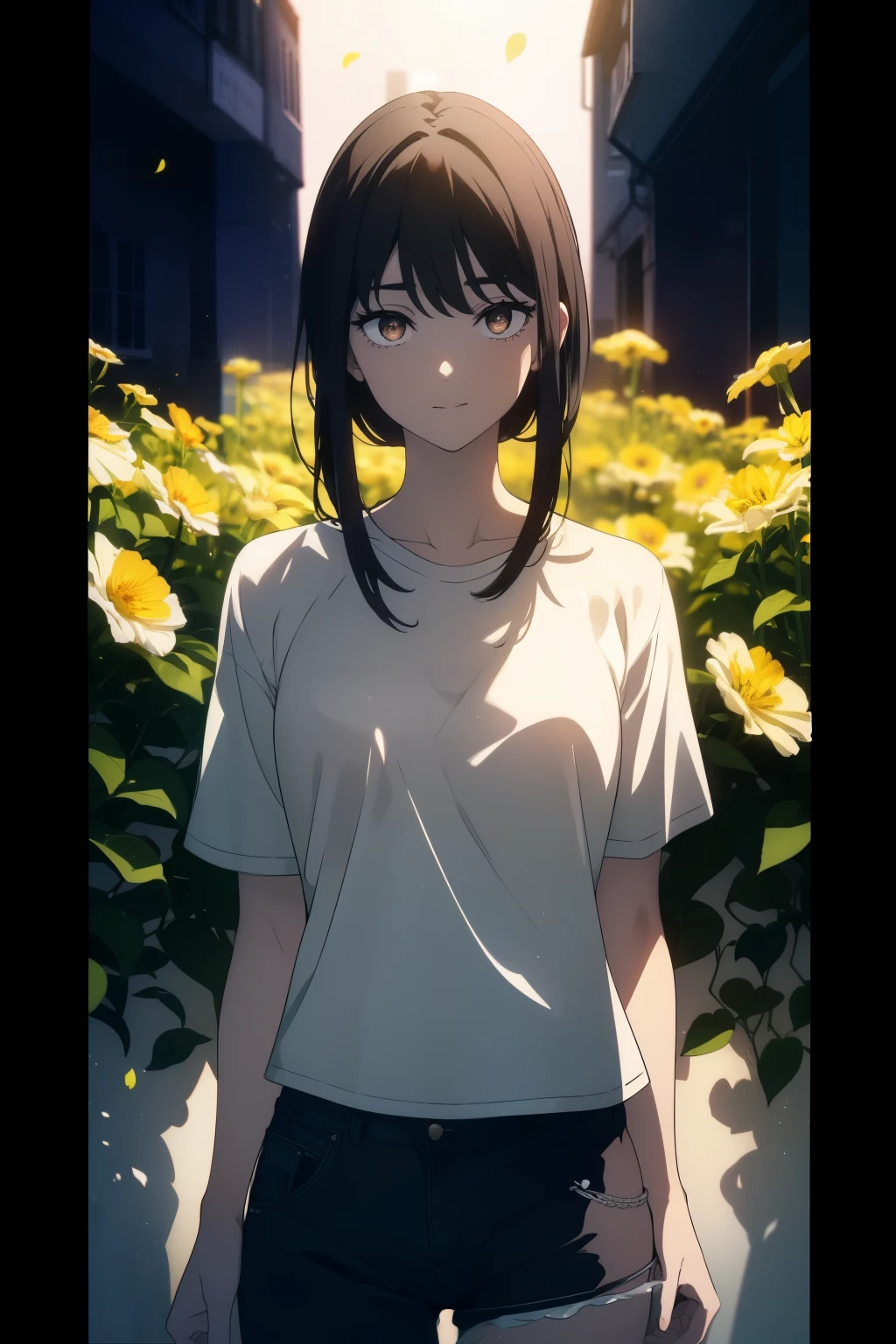 ((((Obra maestra, La mejor calidad, ultrahigh resolution)))), 1girl, standing, ((baggy white t-shirt, loose fitting blue shorts, black hair, dark black hair)), long hair cut, pale skin, ((brown eyes)), (glowing_eyes, luminescent eyes), (ultra detailed eyes:0.7, beautiful and detailed face, detailed eyes:0.9), ((centered)), smile, ((wide shot)), facing viewer, (((vibrant background of outside, flowers, bright lighting, summer, sunlight))), flat chested, looking at viewer, ((perfect hands)), ((head:1, hips, elbows, arms, in view)), ((hands behind back)), beautiful lighting, defined subject, (25 years old), ((cool looking)), Chi no Wadachi