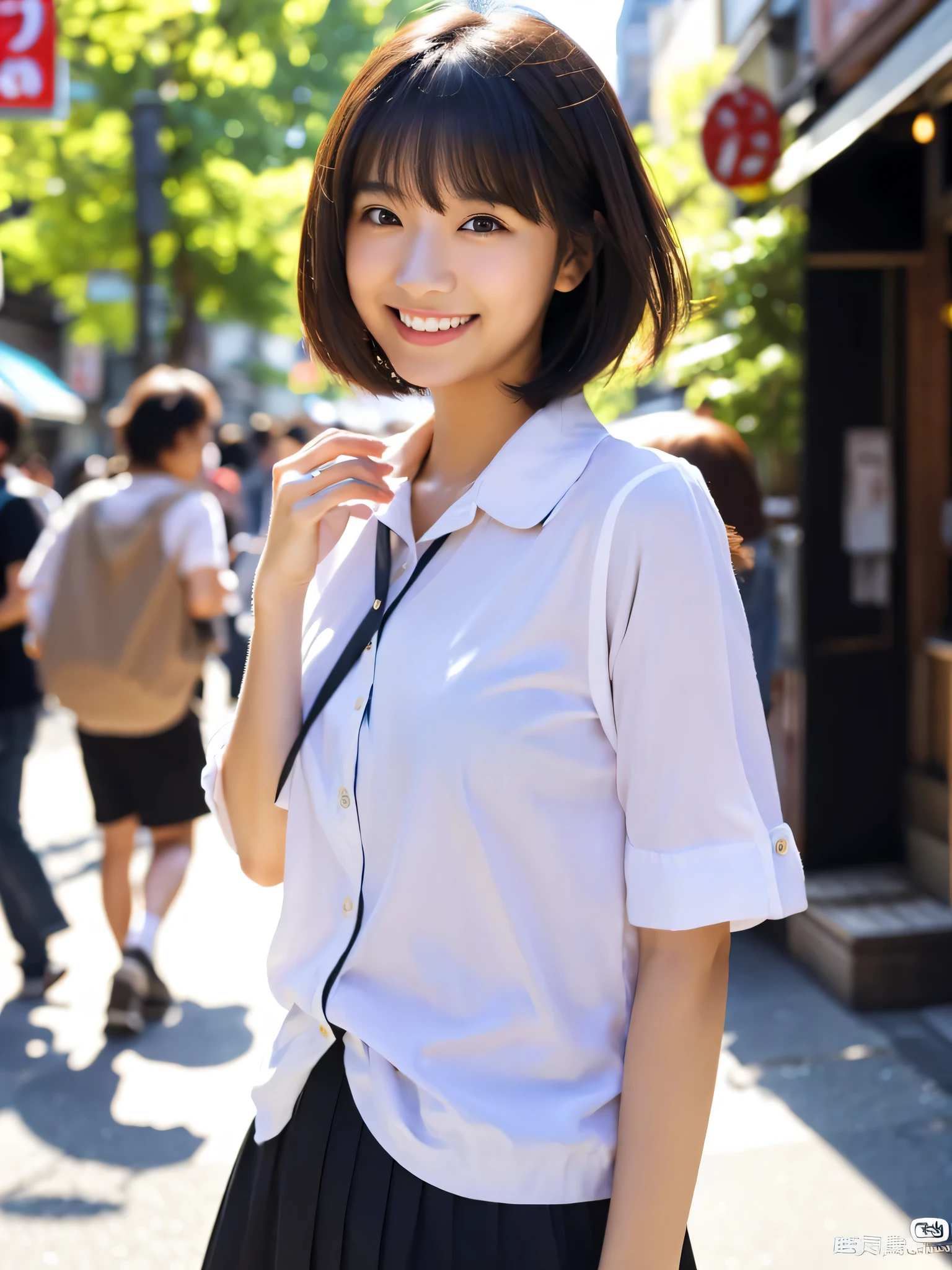 ultra best quality、​masterpiece、超hight resolution、depth of fields、(Photorealsitic:1.4)、(awardwinning photo、信じられないほどの​masterpiece:1.3) 、Raw photography、the golden ratio、the Extremely Detailed CG Unity 8K Wallpapers、Detailed and complex、Original、hight resolution、Raw foto、(perfect body type)、Detailed and complex、Digital SLR、softlighting、(background person blur:1.1)、SIGMA 85 mm F/1.4、50mm Lenac lighting、nffsw、hyper realstic、Color Grade、dynamicposes、Portrait Break、 独奏、short-hair:1.4、girl with、Super beauty、(Full body like:1.2)、japanese bodybian、独奏)、thighs gap、A smile:1.4、University、cute little女子高生、short-cut、Detailed Realistic、Skin Texture、(realistic human skin texture)、Front view View viewer、natural soft light、Daytime、in a street、deep-shadows、cute little、21 years old BREAK、 a street、The state of the store、akihabara、Shinjuku、with no people、(akihabara:1.2)