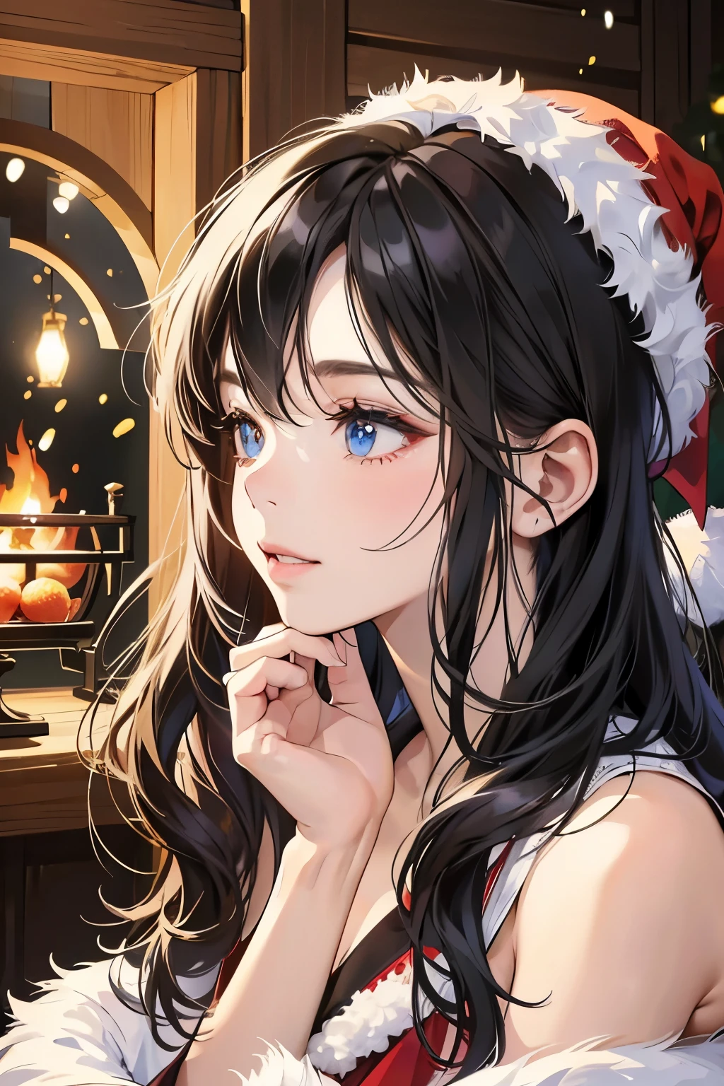 (masutepiece, Digital Art, Digital Illustration, 4K, 8K, Ultra-detailed, beautiful image, Sharp Image, Photorealistic, Raw photo, Perfect face, Perfect lines, Perfect eyes, Soft lighting) ,1 woman, (Black hair,straight haired,Bullish gaze,Beautie,ellegance,Solid makeup,23 y-o woman,small tits:1.3),スーツ姿のハンサムなember性2人, (ember,ember性はスーツ姿,well-muscled,Firm shoulder width, emberの,Boyish hairstyle,English gentlemanly style,クールな表情の30代ember性,明るい笑顔の28歳ember性:1.2),Show white teeth and smile(embarrassed from,Shy smile:1.1),(Nervous,be shy,sleepy,embarrassed from:1.1),in front of a warm fireplace、Christmas、Christmasケーキ、Birthday Celebration、the kiss、a couple、a couplethe kiss、Romance、the kiss、Santa Cosplay、Strawberry fresh cream cake
