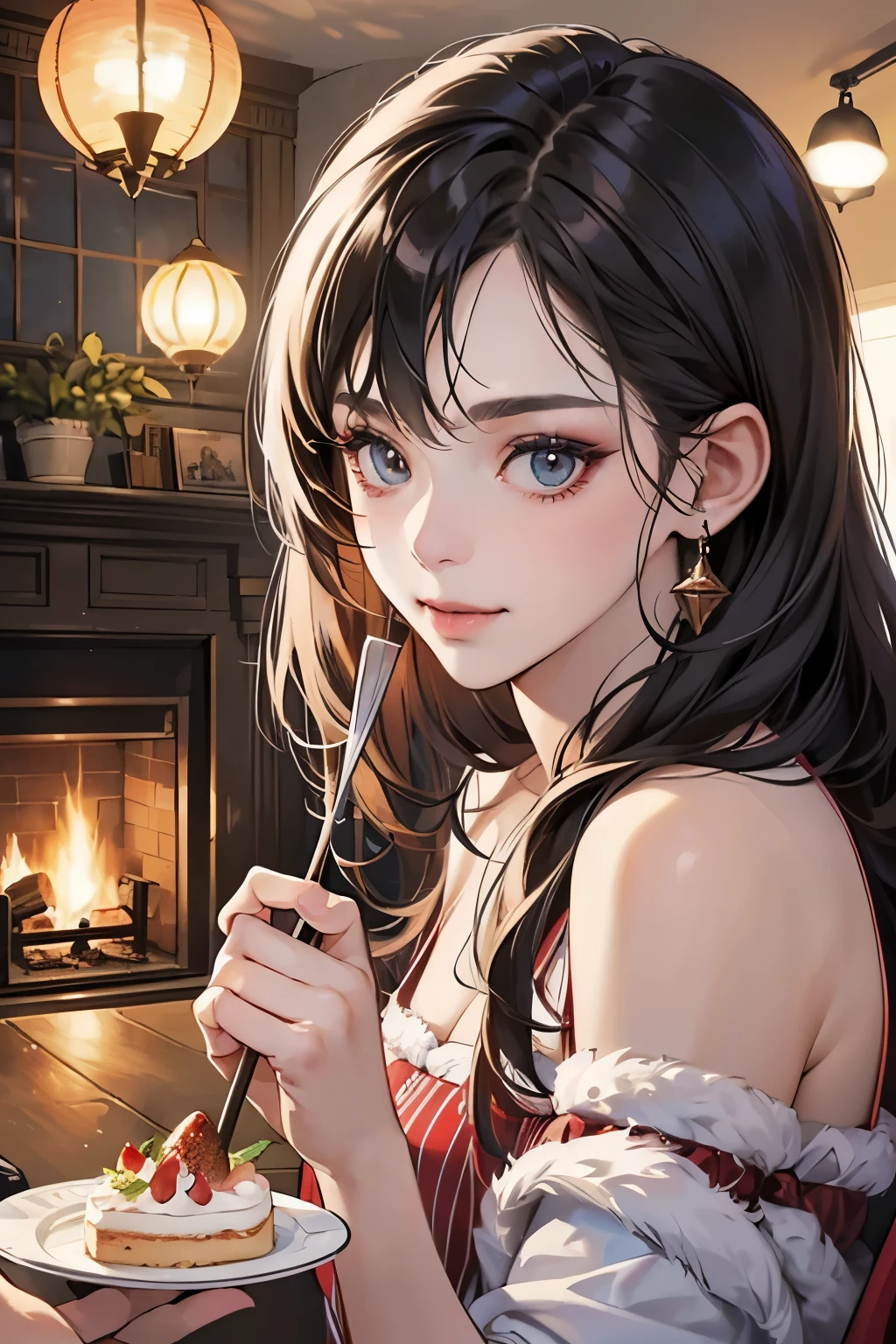 (masutepiece, Digital Art, Digital Illustration, 4K, 8K, Ultra-detailed, beautiful image, Sharp Image, Photorealistic, Raw photo, Perfect face, Perfect lines, Perfect eyes, Soft lighting) ,1 woman, (Black hair,straight haired,Bullish gaze,Beautie,ellegance,Solid makeup,23 y-o woman,small tits:1.3),スーツ姿のハンサムなember性2人, (ember,ember性はスーツ姿,well-muscled,Firm shoulder width, emberの,Boyish hairstyle,English gentlemanly style,クールな表情の30代ember性,明るい笑顔の28歳ember性:1.2),Show white teeth and smile(embarrassed from,Shy smile:1.1),(Nervous,be shy,sleepy,embarrassed from:1.1),in front of a warm fireplace、Christmas、Christmasケーキ、Birthday Celebration、the kiss、a couple、a couplethe kiss、Romance、the kiss、Santa Cosplay、Strawberry fresh cream cake