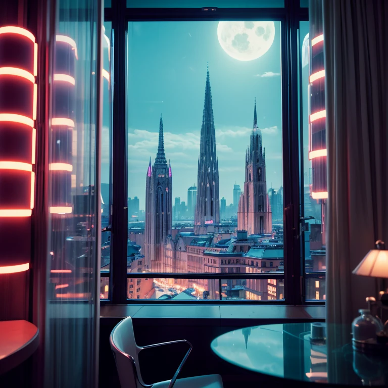 4k image from a 1960s science fiction film by Wes Anderson, Filme O Grande Hotel Budapeste, pastels colors, a retro window design, seen from inside a room from the inside out, an big city neon colors through a window at night, big city retro futuristic neon at night, blade runner style, Retro-futuristic , Luz Natural, futurista estranho, photo-realistic, Sharp background details, photography blur effect, depth of field, city blurred