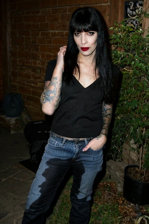 photo, woman, goth, ((peeing self)), black hair, bangs, elvira, tattoos, standing, skinny jeans, shocked, looking at camera, inside