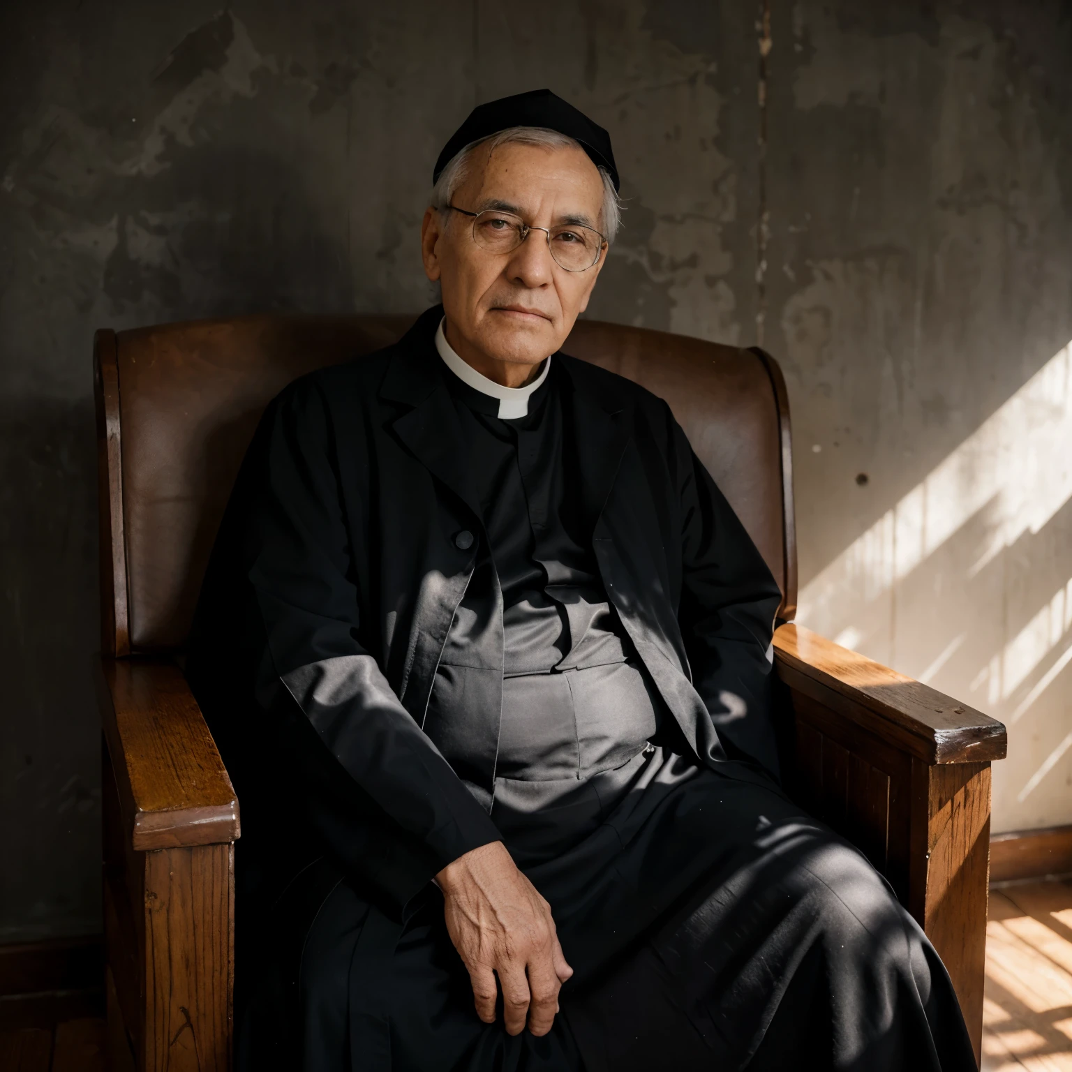 Fundo casa antiga desfocado,Catholic priest in black cassock apparently 70 years old , sitting in the rocking chair.