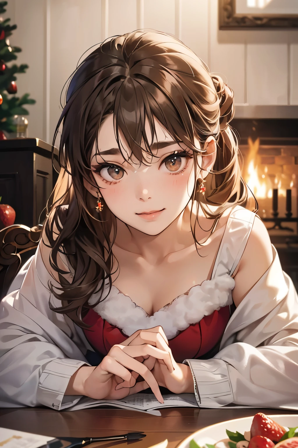 (masutepiece, Digital Art, Digital Illustration, 4K, 8K, Ultra-detailed, beautiful image, Sharp Image, Photorealistic, Raw photo, Perfect face, Perfect lines, Perfect eyes, Soft lighting) 1 woman, (lightbrown hair,Chignon hair in a high position,Innocent look,Lowered eyebrows,drooping eyebrows,drooing eyes,cute large eyes,natural make up,kindly smile,Round jaws,23 y-o woman:1.3),スーツ姿のハンサムなember性2人, (ember,ember性はスーツ姿,well-muscled,Firm shoulder width, emberの,Boyish hairstyle,English gentlemanly style,クールな表情の30代ember性,明るい笑顔の28歳ember性:1.2),(Nervous,be shy,sleepy,embarrassed from:1.2),innocent smiles,(embarrassed from,Shy smile:1.1),in front of a warm fireplace、Christmas、Christmasケーキ、Birthday Celebration、the kiss、a couple、a couplethe kiss、Romance、the kiss、Santa Cosplay、Christmasツリー、candles、bring a present、miniskirt santa costume、Boobs Porori、Fluffy costumes、