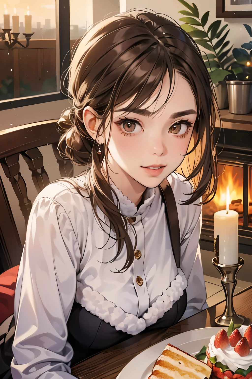 (masutepiece, Digital Art, Digital Illustration, 4K, 8K, Ultra-detailed, beautiful image, Sharp Image, Photorealistic, Raw photo, Perfect face, Perfect lines, Perfect eyes, Soft lighting) 1 woman, (lightbrown hair,Chignon hair in a high position,Innocent look,Lowered eyebrows,drooping eyebrows,drooing eyes,cute large eyes,natural make up,kindly smile,Round jaws,23 y-o woman:1.3),スーツ姿のハンサムなember性2人, (ember,ember性はスーツ姿,well-muscled,Firm shoulder width, emberの,Boyish hairstyle,English gentlemanly style,クールな表情の30代ember性,明るい笑顔の28歳ember性:1.2),(Nervous,be shy,sleepy,embarrassed from:1.2),innocent smiles,(embarrassed from,Shy smile:1.1),in front of a warm fireplace、Christmas、Christmasケーキ、Birthday Celebration、the kiss、a couple、a couplethe kiss、Romance、the kiss、Santa Cosplay、Christmasツリー、candles、Strawberry fresh cream cake
