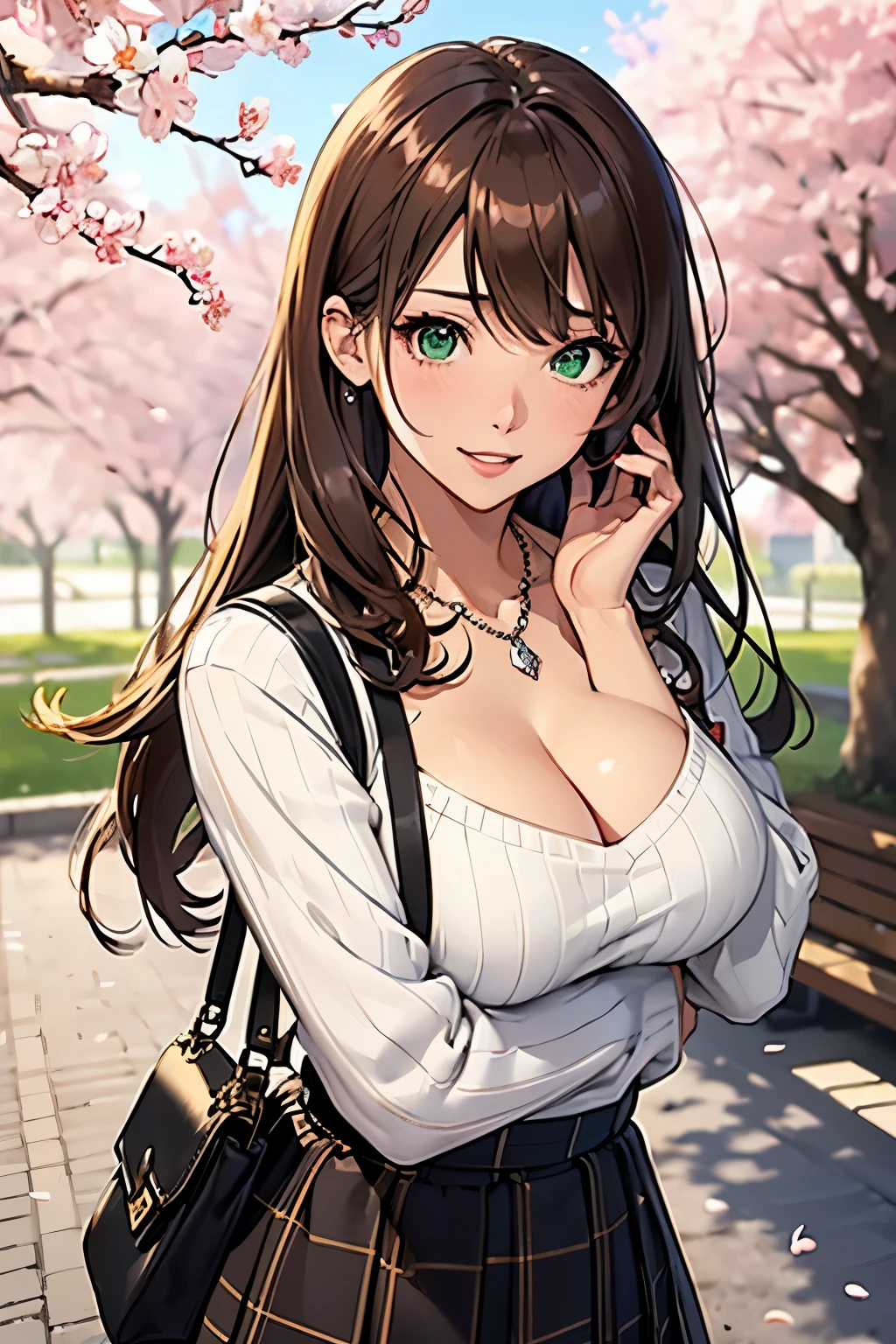 ((masutepiece, Best Quality, hight resolution, nffsw, Perfect Pixel, depth of fields, 4K, nffsw, nffsw))), 1girl in, Single, Solo, Beautiful anime girl, Beautiful Art Style, Anime Character, ((Long hair, Bangs, Brown hair)), ((Green eyes:1.4, rounded eyes, Beautiful eyelashes, Realistic eyes)), ((Detailed face, Blushing:1.2)), ((Smooth texture:0.75, Realistic texture:0.65, Photorealistic:1.1, Anime CG style)), ((medium breasts, cleavage, busty)), Dynamic Angle, Perfect body, ((POV, Selfie Pose, Portrait)), ((White sweater, Long sleeve, Black skirt, plaid skirts, Fashionable, 1 handbag, 1 diamond necklace)), Smile, Open mouth, amusement park, ((The cherry tree, Cherry blossoms fall))