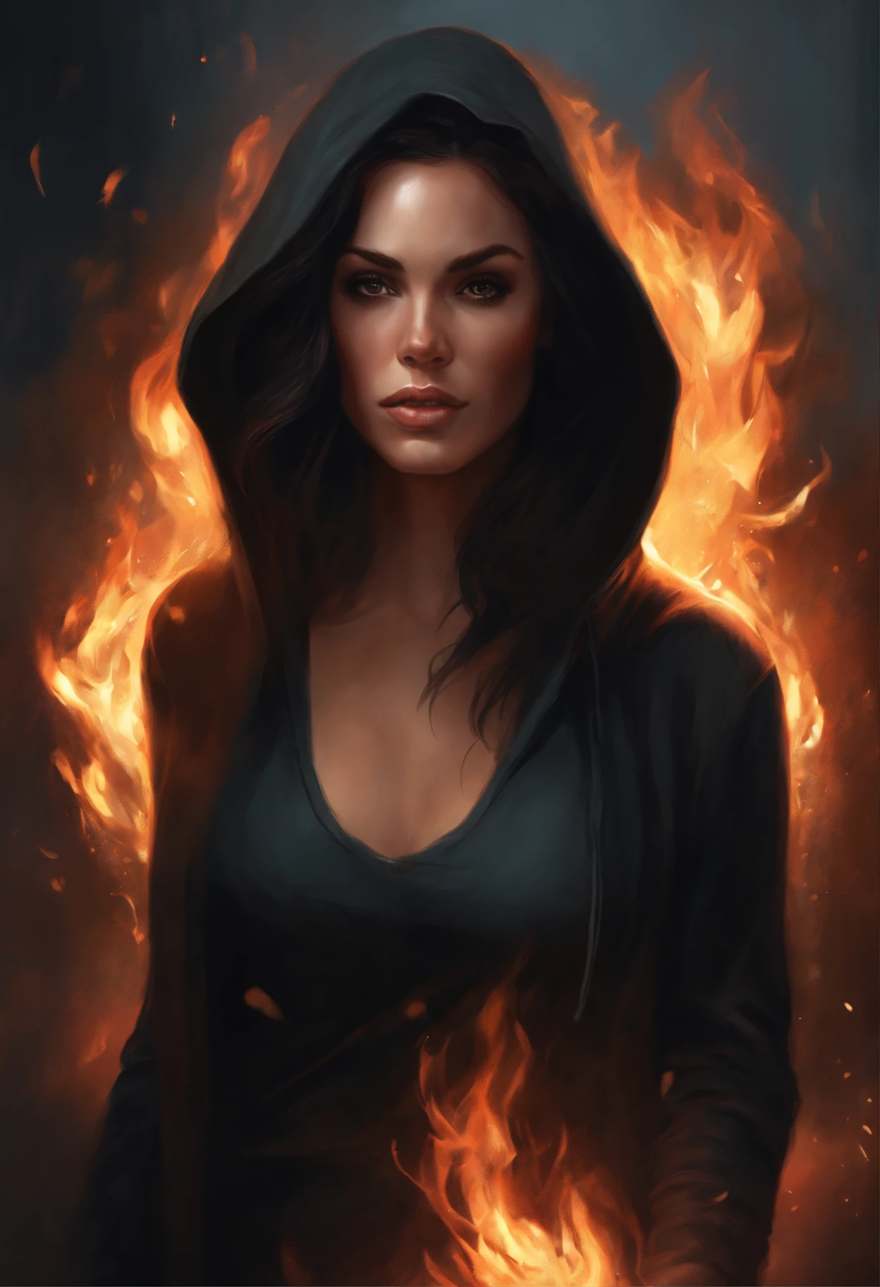 Picture of a woman with black hair and a hoodie, fire, scratch on face, beautiful character painting, black haired goddess, graphic artist magali villeneuve, alena aenami and artgerm, fantasy concept art portrait, female redhead templar, Artgerm Craig Mullins, charlie bowater character art, magali villeneuve', charlie bowater rich deep colors, gorgeous digital painting