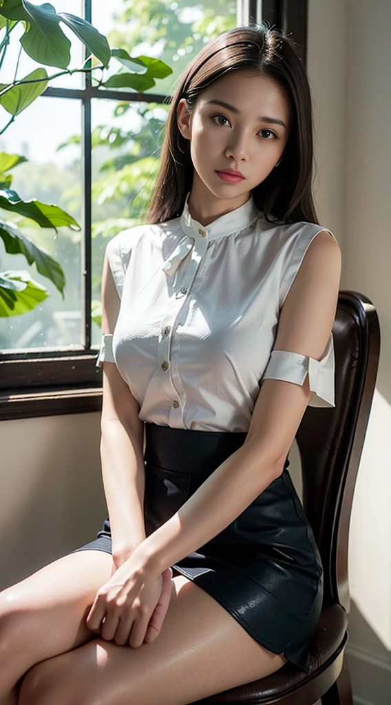 (((Look away,poneyTail、Mouth ajar))),(((((Mock Neck Top、JINS))))),((at the library、Reading a book))、masutepiece, 1girl in, best qualtiy, Ultra Detail, (shiny), (Small)、(((with blush cheeks,))),Ray tracing,Perfect Lighting, (milky skin:1.2),reflection, up looking_で_viewer, blush, yellow_Eyes, Japan's cutest 28-year-old beautiful girl、Small ribbons in the hair、Contrast Legs