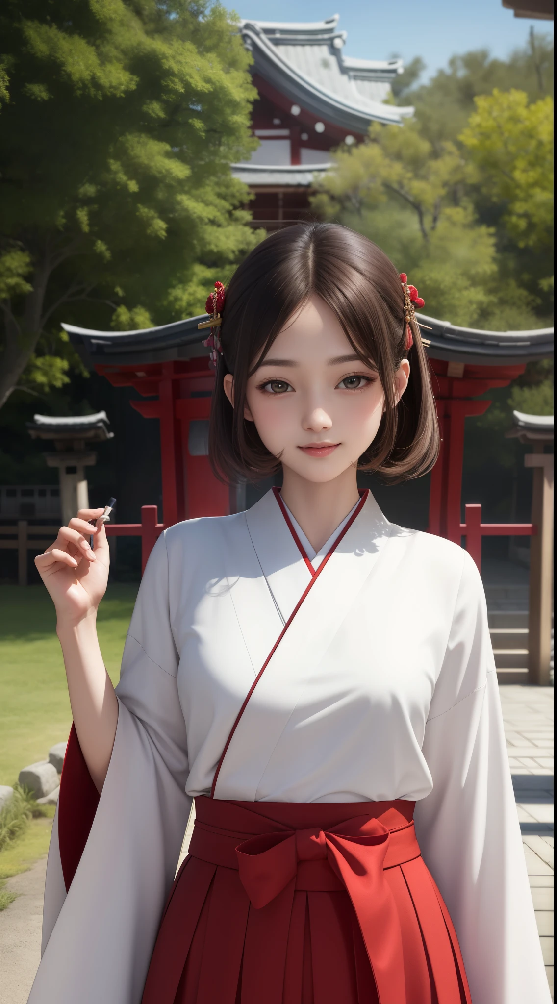 ((masterpiece)), (best quality), official art, extremely detailed CG, unity 8k wallpaper, ultra detailed, hairclip, miko, japanese clothes, red hakama skirt masterpiece, best quality, absurdres, shinto shrine, looking at viewer, upper body, smile,