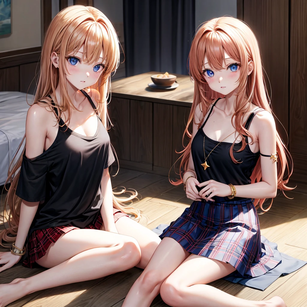 red blonde、blue eyess、one good looking girl、独奏、animesque、Plaid miniskirt、Black T-shirt、camisole、the woods、Sunlight、inside in room、sitting on、has a blanket over his head、bare-legged、star bracelet