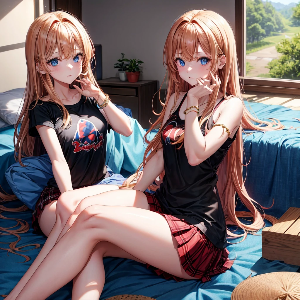 red blonde、blue eyess、one good looking girl、独奏、animesque、Plaid miniskirt、Black T-shirt、camisole、the woods、Sunlight、inside in room、sitting on、has a blanket over his head、bare-legged、star bracelet