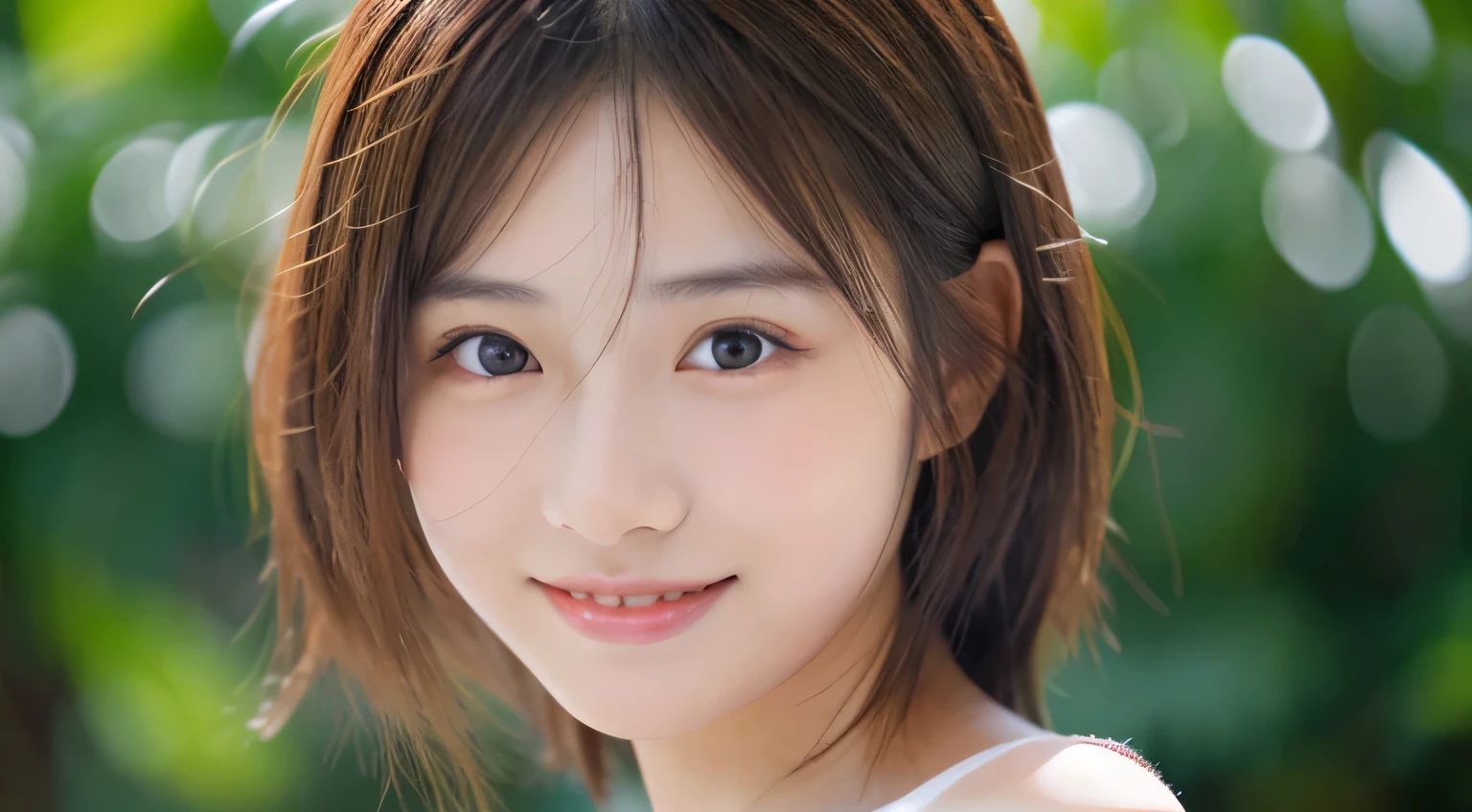 Young japanese lady, 30s, White background, It features a simple背景, white-brown hair, slender, 4K, 8K, High quality, Beauty, Smile, Beautiful eyes, It features a simple, High resolution,1 person